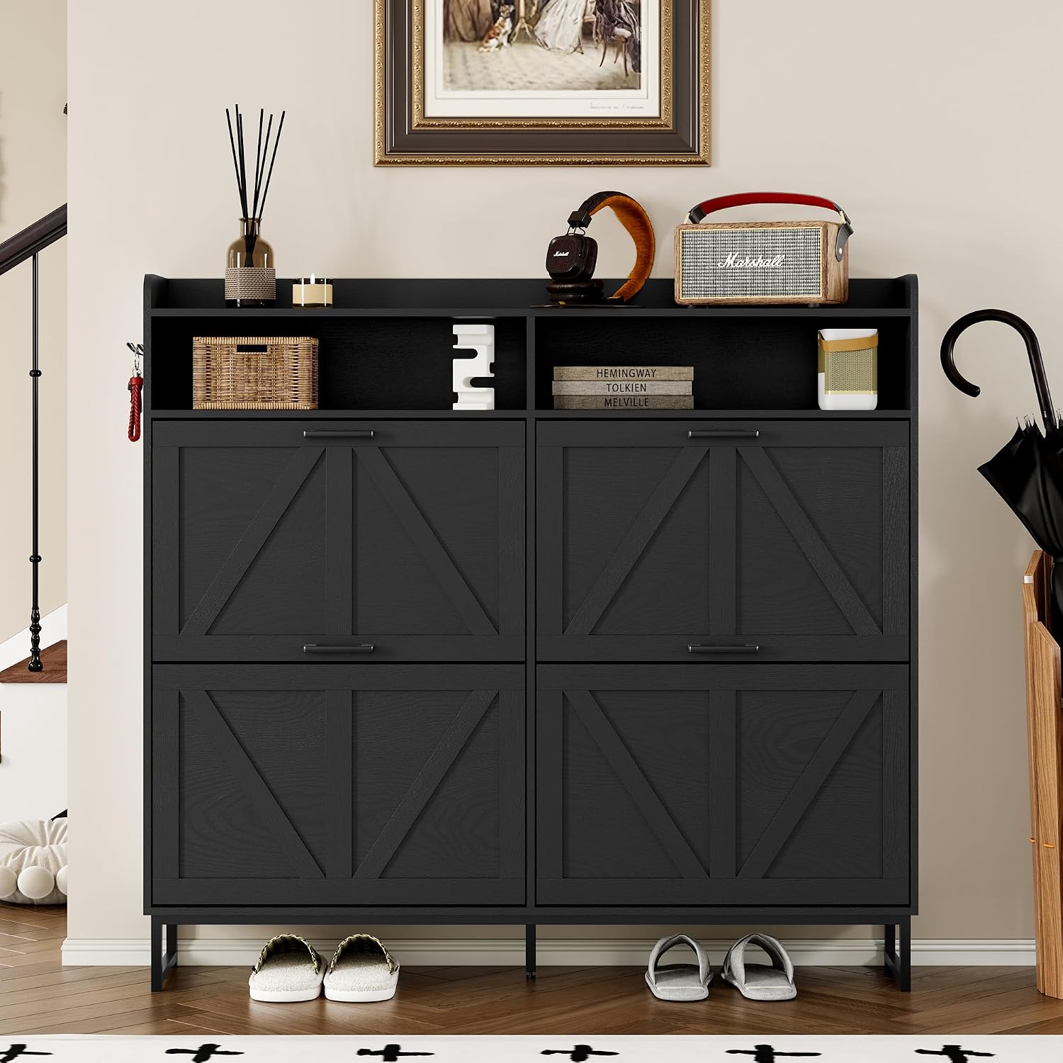 BORNOON Shoe Cabinet with 4 Flip Drawers Narrow Shoe Storage Cabinet Organizer Wooden Freestanding Shoe Rack Hidden Slim Shoes Storage Cabinet for Entryway, Hallway, Living Room, Bedroom