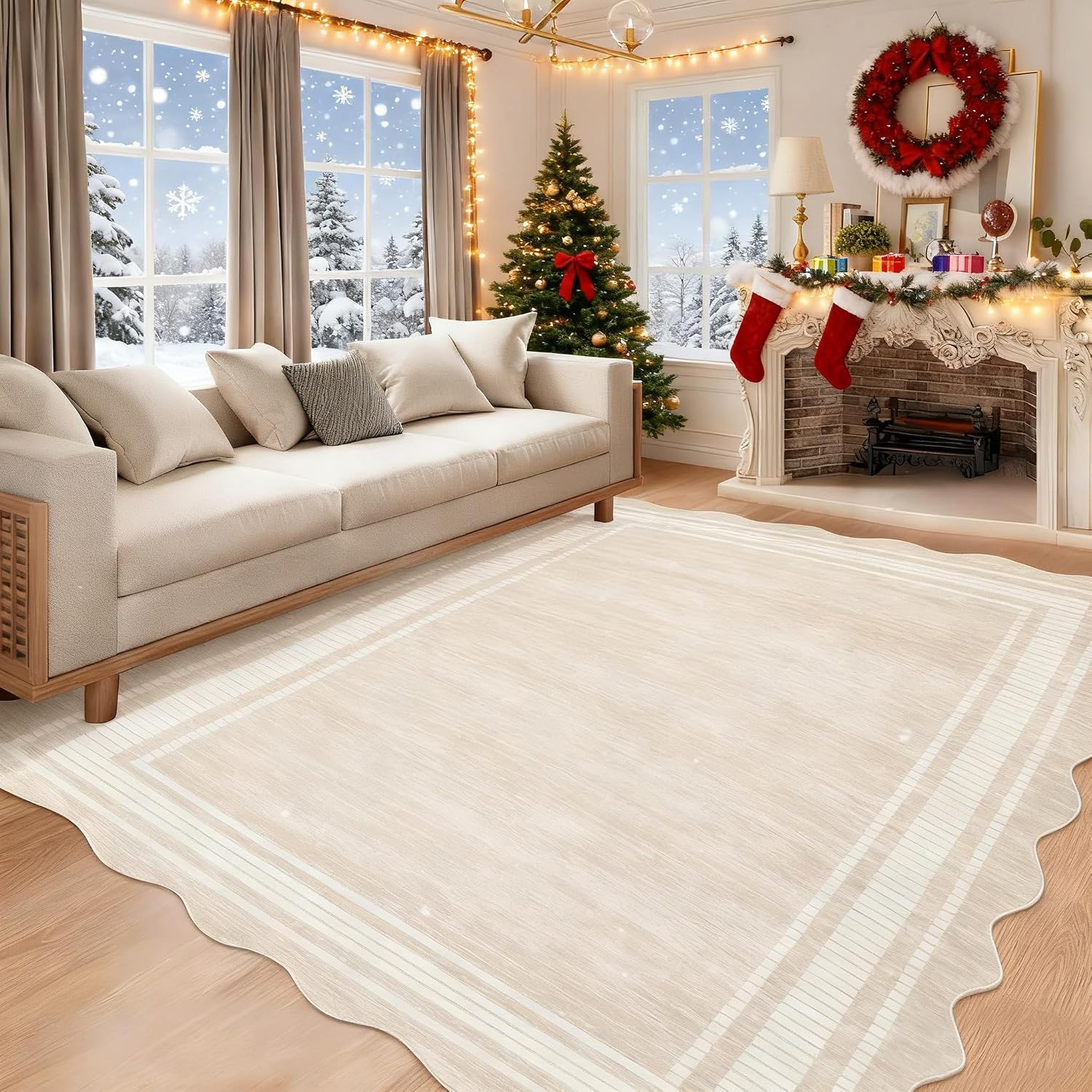 GarveeHome Scalloped 9x12 Area Rugs for Living Room Non-Slip, Modern Neutral Washable Rugs for Bedroom Large Solid Farmhouse Rug Bordered Carpet for Apartment Table Dorm Nursery, Cream 9x12