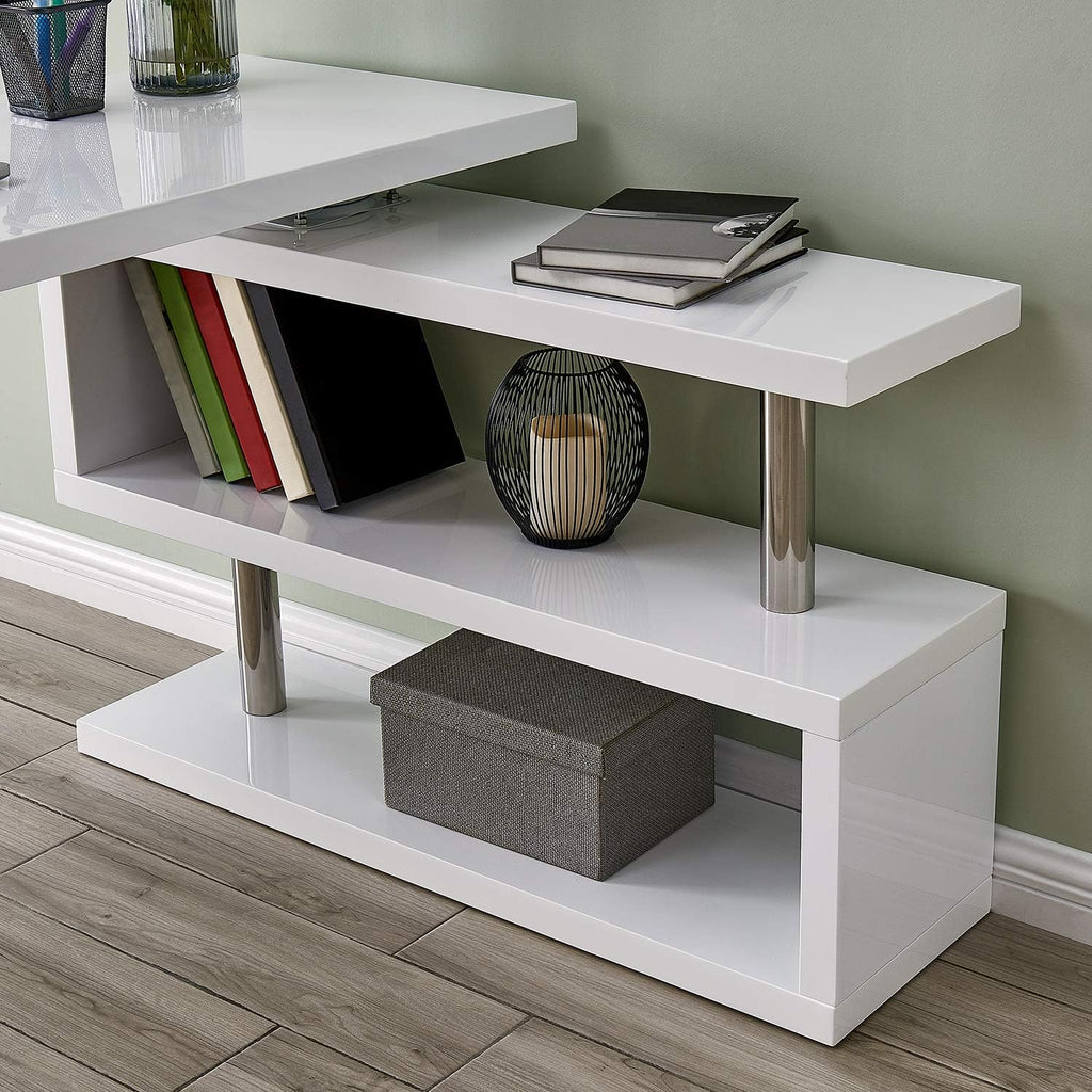 SEI Furniture Yates Multifunctional Corner/L Desk w/ Shelves, White-chrome