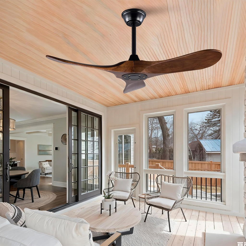 42' Solid Wood Ceiling Fan, Outdoor, 3 Blade, No Light, Walnut, for Patio Living Room Bedroom Porch, Remote Control, Water Resistant