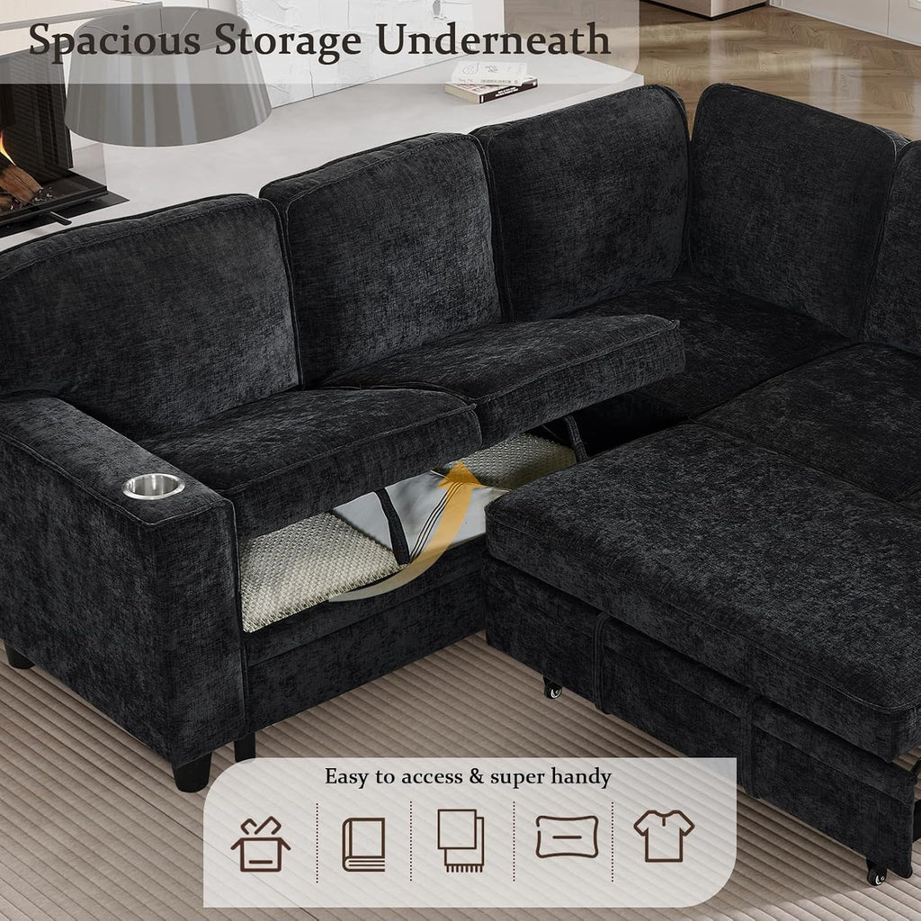 KEIKI 81' L-Shaped Oversized Chenille Modular Sectional Sleeper Sofa with Pull-Out Bed, Storage Seat, Modern 5-Seater Upholstered Couch Bed with Charging Station, Easy Assembly, for Living Room, Black