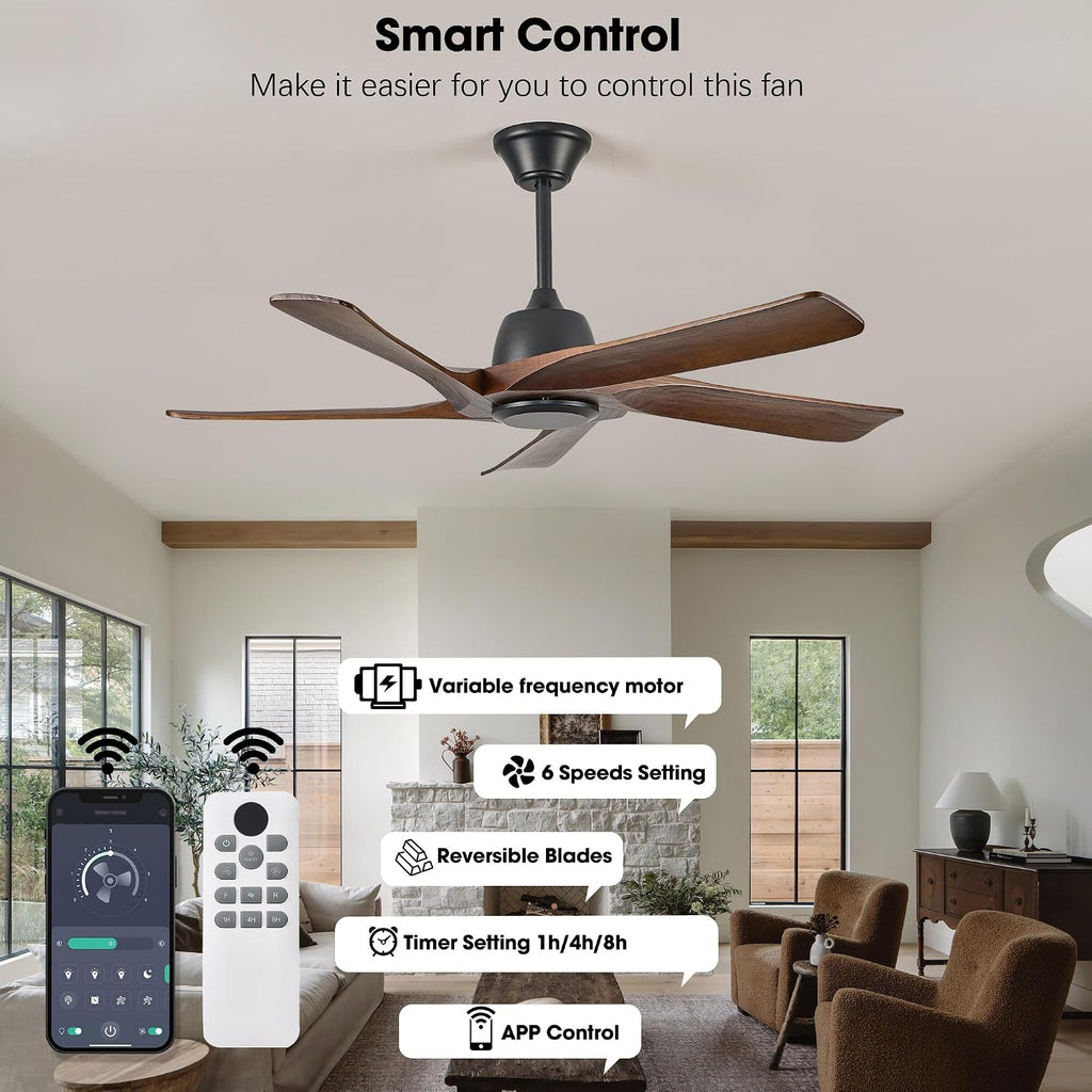 52 Inch Solid Wood Ceiling Fan No Lights, Remote and APP Control, DC Motor, 6-speed Reversible, for Bedroom, Living Room, Office, Dark Walnut