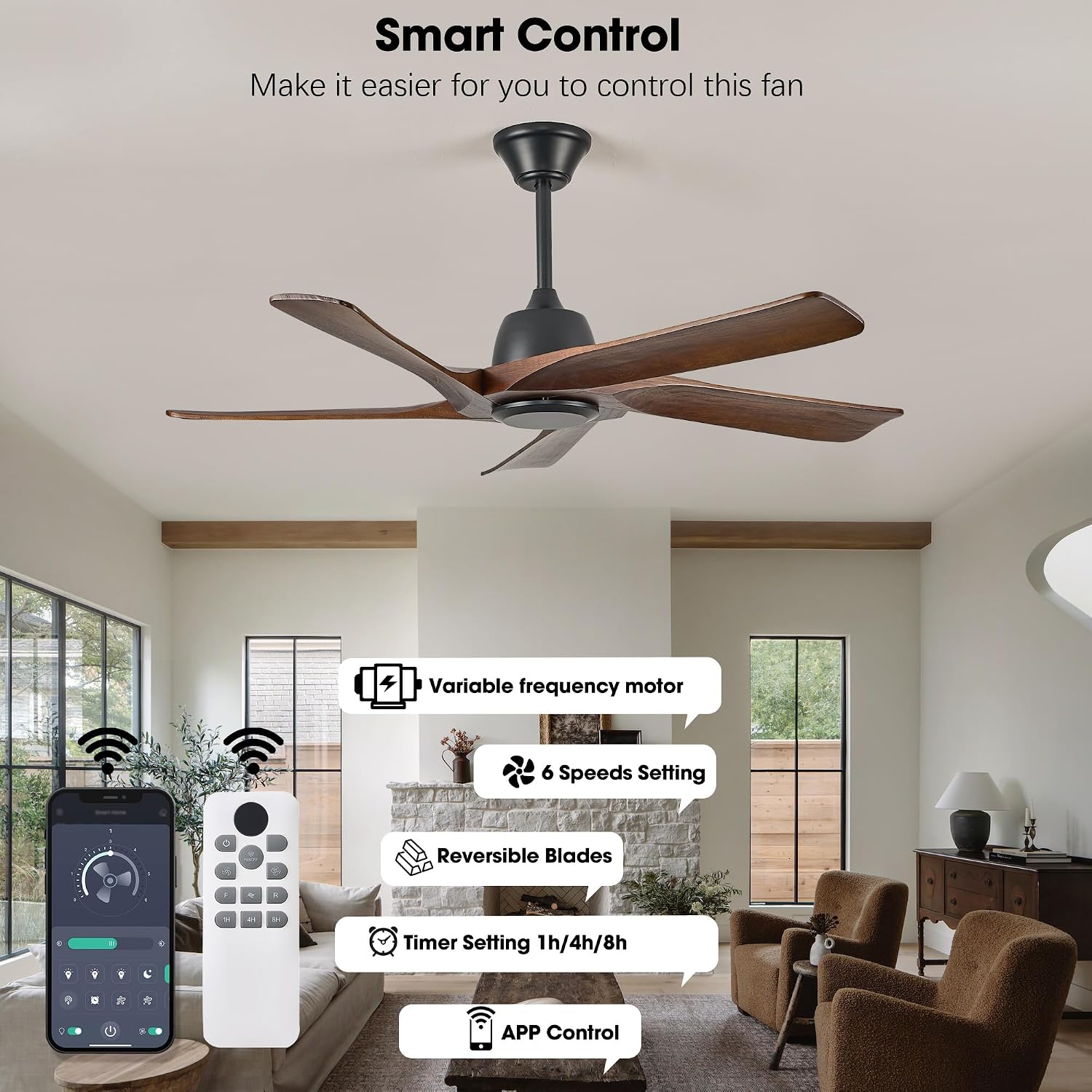 52 Inch Solid Wood Ceiling Fan No Lights, Remote and APP Control, DC Motor, 6-speed Reversible, for Bedroom, Living Room, Office, Dark Walnut