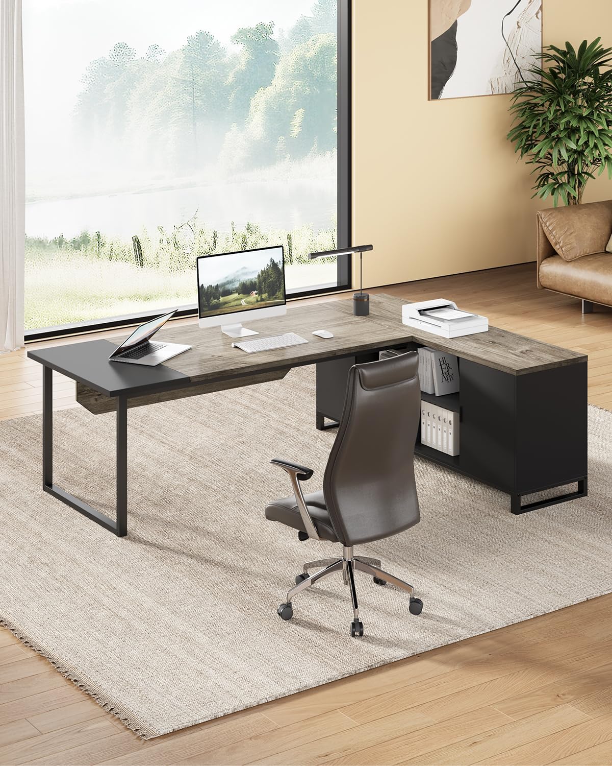 LITTLE TREE 70.8 Inches Executive Desk and 55 Inches File Cabinet Combo, Large L Shaped Computer Desk with Storage Cabinet and Shelves, Modern Business Furniture for Home Office, Grey & Black