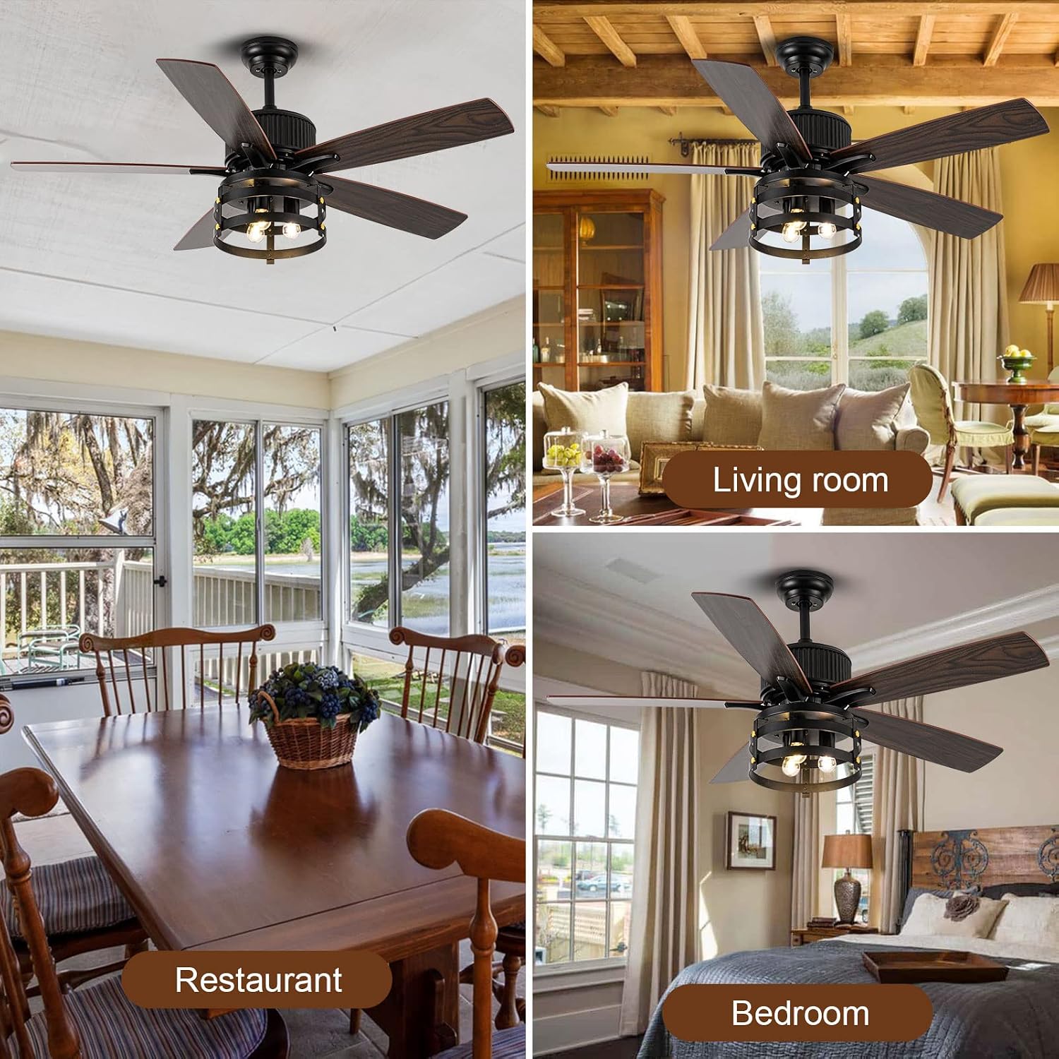 Farmhouse Rustic Ceiling Fans With Lights and Remote, Outdoor Ceiling Fan For Patios With Light, 52 In Flush Mount Ceiling Fan 5 Blade Dual Finish, Reversible DC Quiet Motor for indoor/outdoor