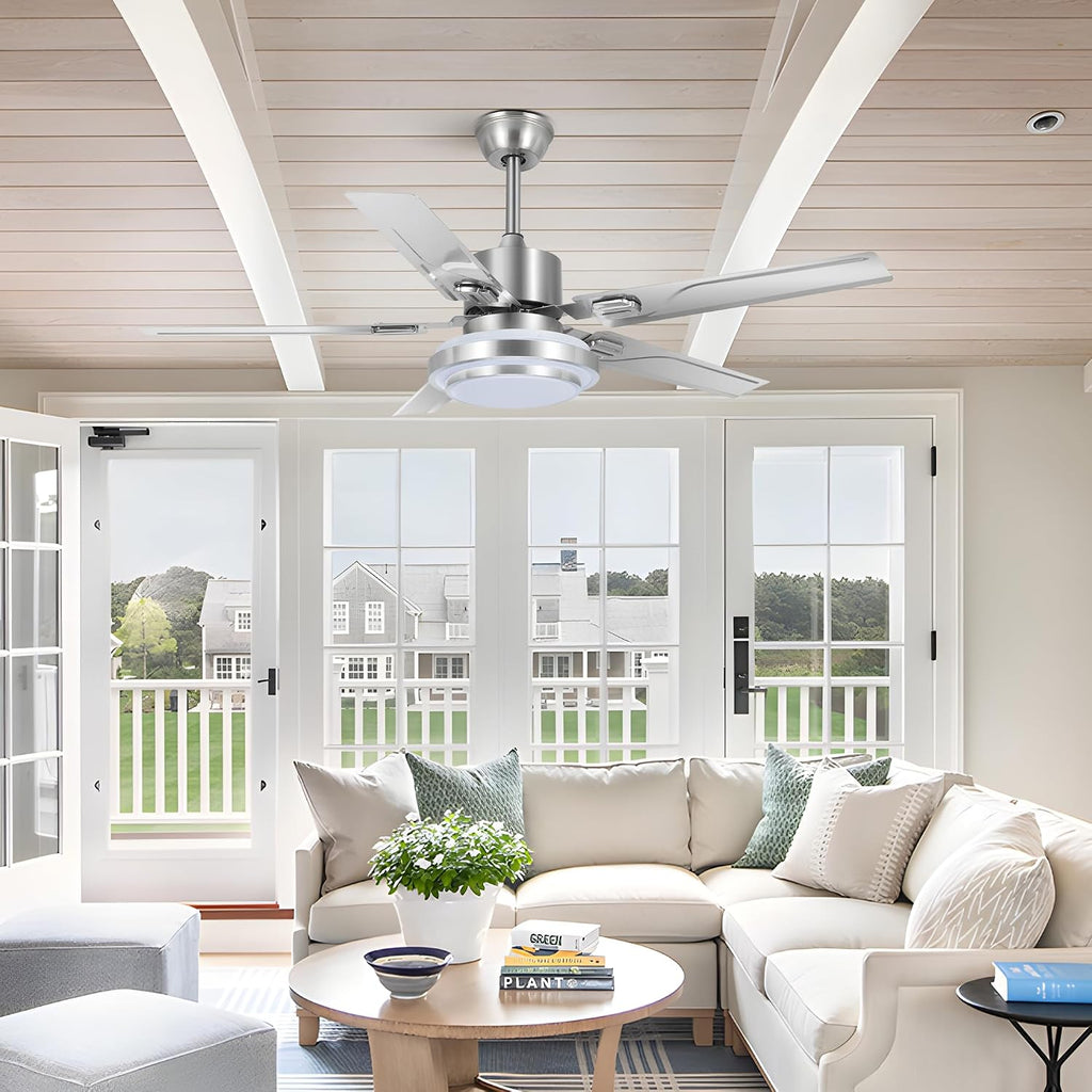 Modern Ceiling Fans with Lights Remote, 52'' Outdoor Ceiling Fan with Dimmable 3 Light Colors 3 Speed Reversible DC Motor, 5 Stainless Steel Blades Fandelier for Patio Porch Living Room