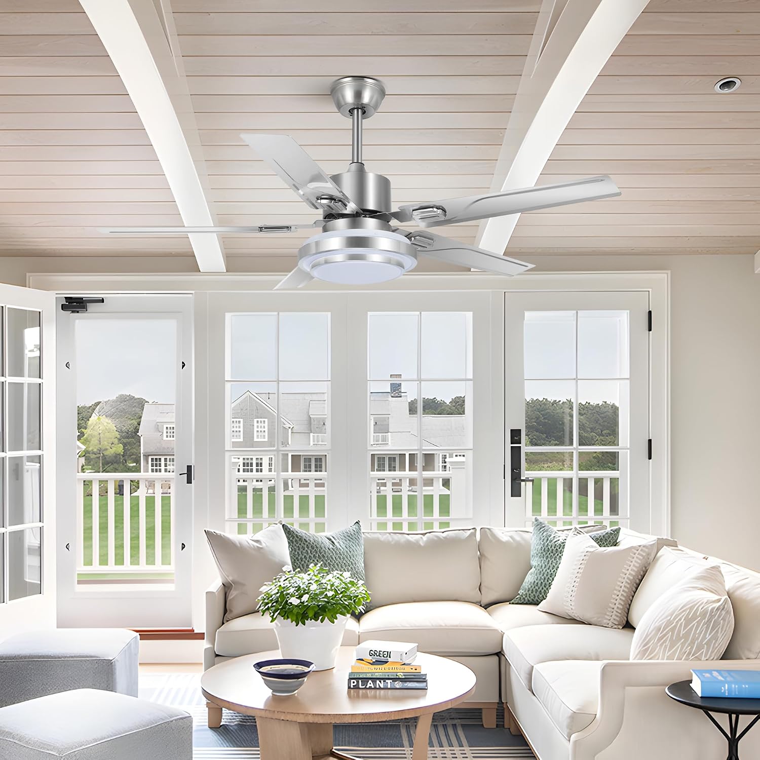 Modern Ceiling Fans with Lights Remote, 52'' Outdoor Ceiling Fan with Dimmable 3 Light Colors 3 Speed Reversible DC Motor, 5 Stainless Steel Blades Fandelier for Patio Porch Living Room