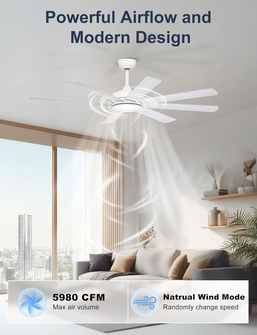 60 Inch Ceiling Fans Without Lights - 8 Blades White Ceiling Fan Remote/APP Control, Reversible Garage Ceiling Fan for Shop Living Rooms
