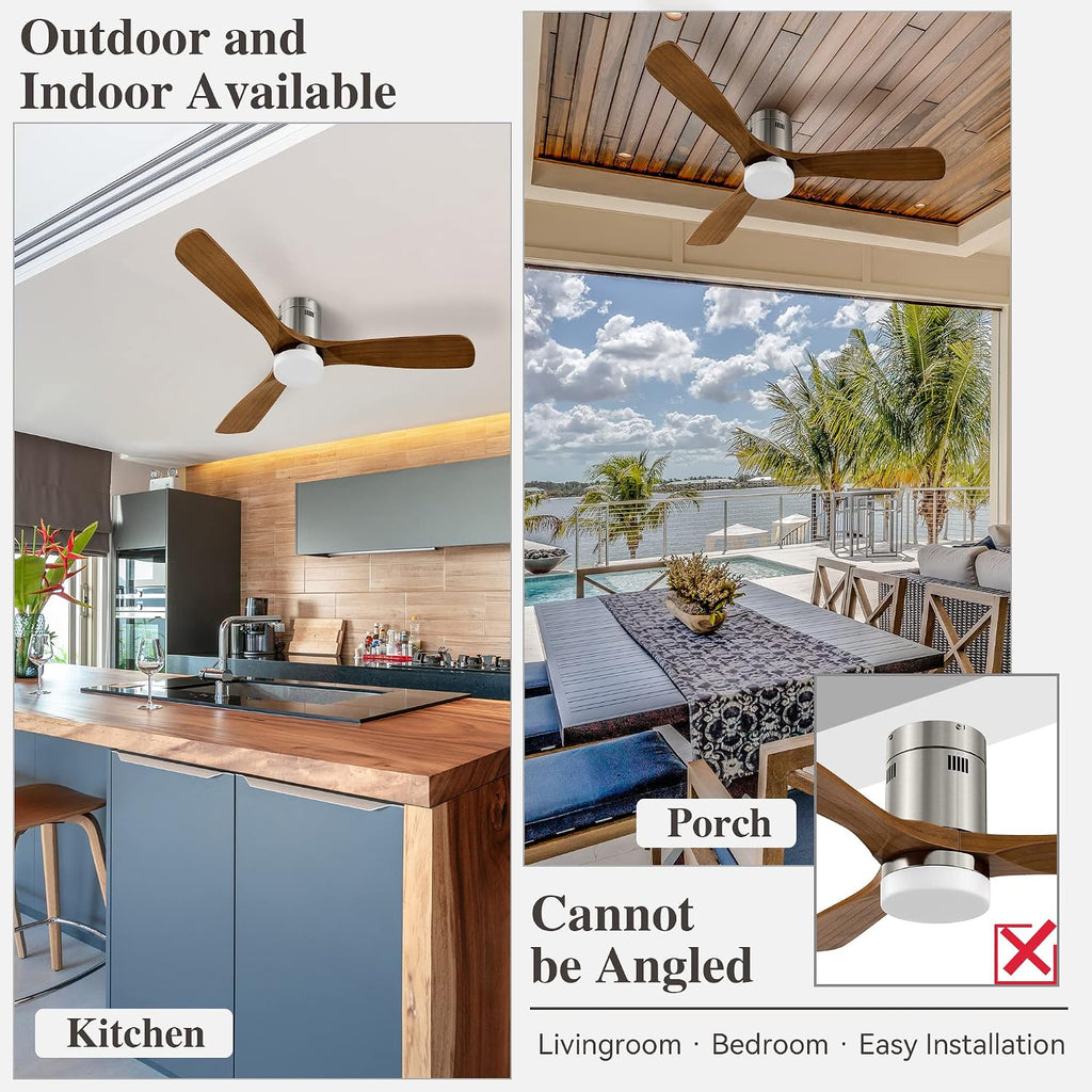 Smart Flush Mount Ceiling Fan with Lights Brush Nickel ,52 Inch WIFI Low Profile Ceiling Fans Remote Control,3 Solid Wood Blade Reversible Fan,Timer & Schedule,Works with Alexa, Google, Siri Shortcut