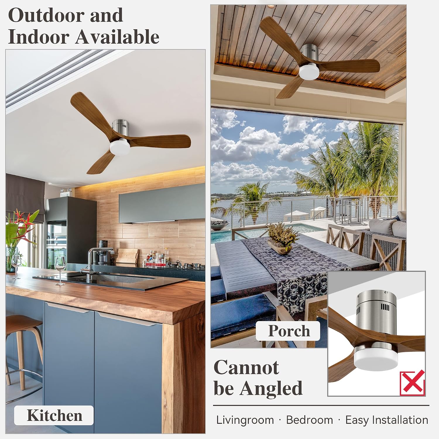 Smart Flush Mount Ceiling Fan with Lights Brush Nickel ,52 Inch WIFI Low Profile Ceiling Fans Remote Control,3 Solid Wood Blade Reversible Fan,Timer & Schedule,Works with Alexa, Google, Siri Shortcut