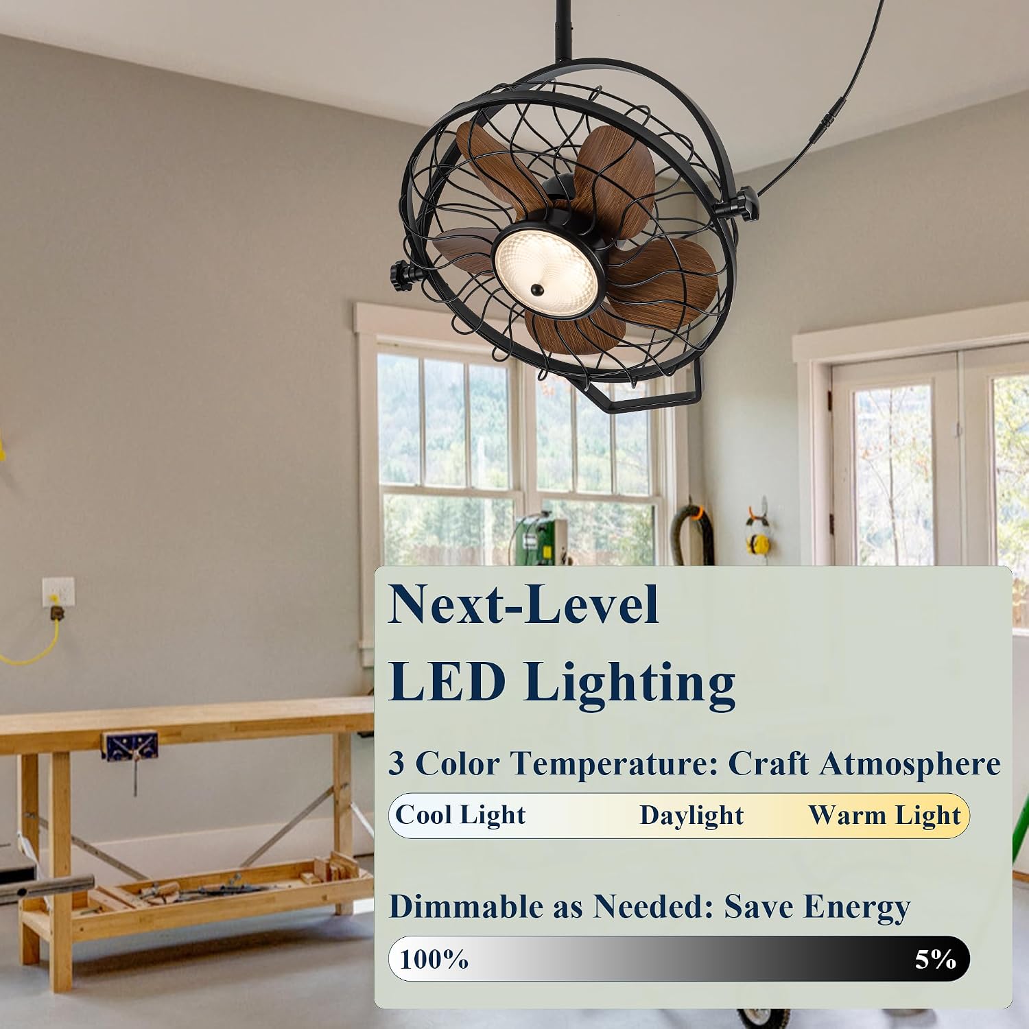 NORFOLK Waterproof Ceiling Fans with Lights, Garage Ceiling Fan with Plug In Cord, 20'' Remote Control with Dimmable LED for Workshop, Gazebo, Patios, Pergola