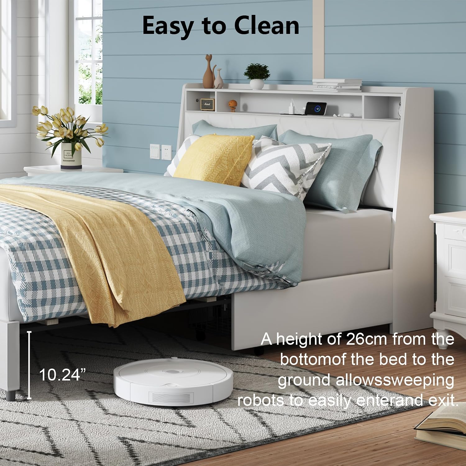 Christopher Knight Home Manley Faux Leather Full Size Bed Frame with Ergonomic Headboard,Platform Bed Frame with Outlets&Charger,Metal&Wood Frame,Storage Shelf, Noise-Free,No Box Spring Needed, White