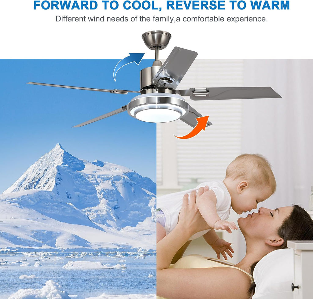 Modern Ceiling Fans with Lights Remote, 42'' Outdoor Ceiling Fan with Dimmable 3 Light Colors 3 Speed Reversible DC Motor, 5 Stainless Steel Blades Fandelier for Patio Porch Living Room