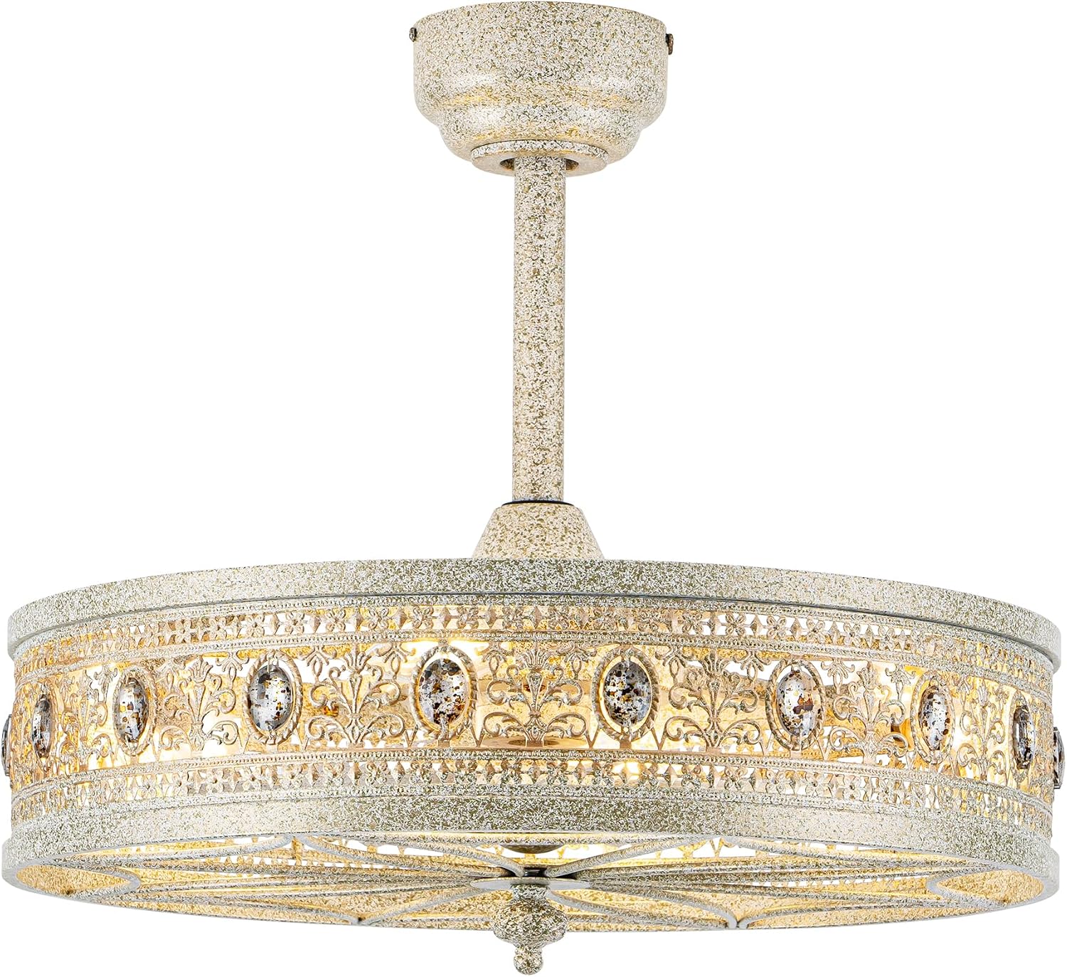 Crystal Chandelier Ceiling Fan with Light,French Coastal Ornate Caged Bladeless Fandelier,Elegant Decorative Round Light Fixture,Hanging/Flush Mount for Bedroom,Kitchen Island,Dining Room,Living Room