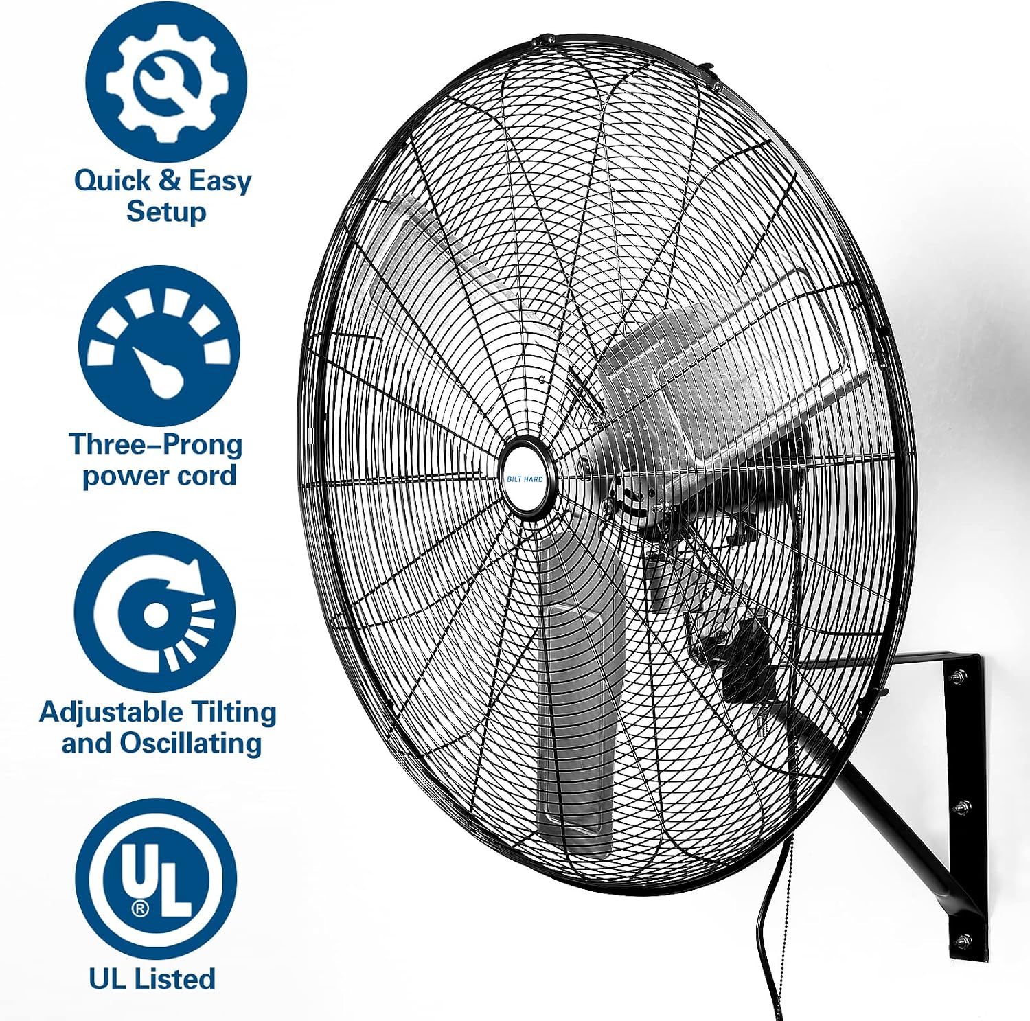 BILT HARD 9500 CFM 30 in. High Velocity Industrial Wall Fan, 3-Speed Wall Mount Oscillating Fan, Heavy Duty Air Circulator for Garage, Commercial, Warehouse, Factory, Workshops and Jobsites, 2 Pack