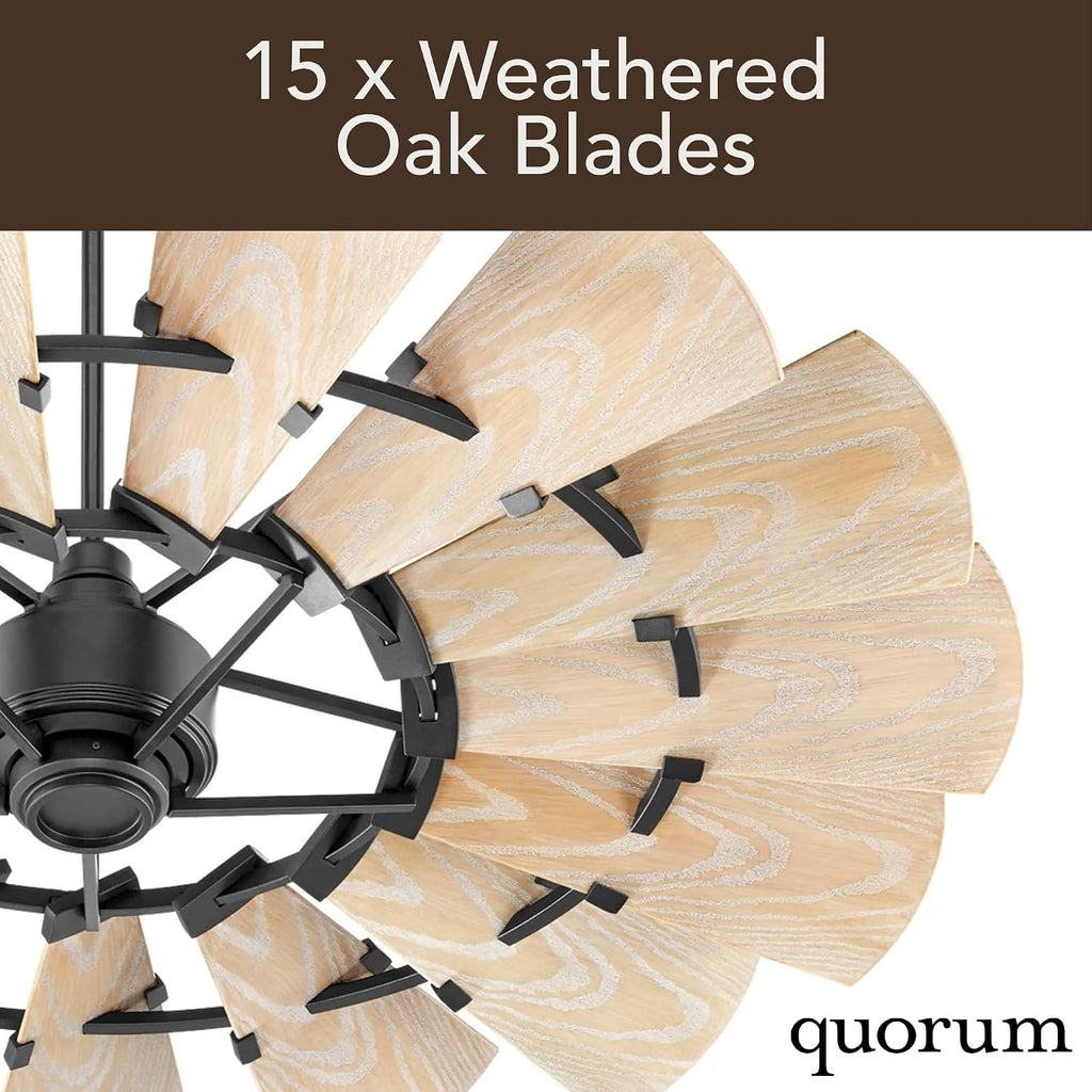 Quorum 195210-69 Windmill 52 Inch Ceiling Fan | 10 Blade Wagon Wheel Design | 6 Speed Reversible DC Motor | Remote Control Included | Damp Rated Fan | Weathered Oak Blades | Textured Black Finish