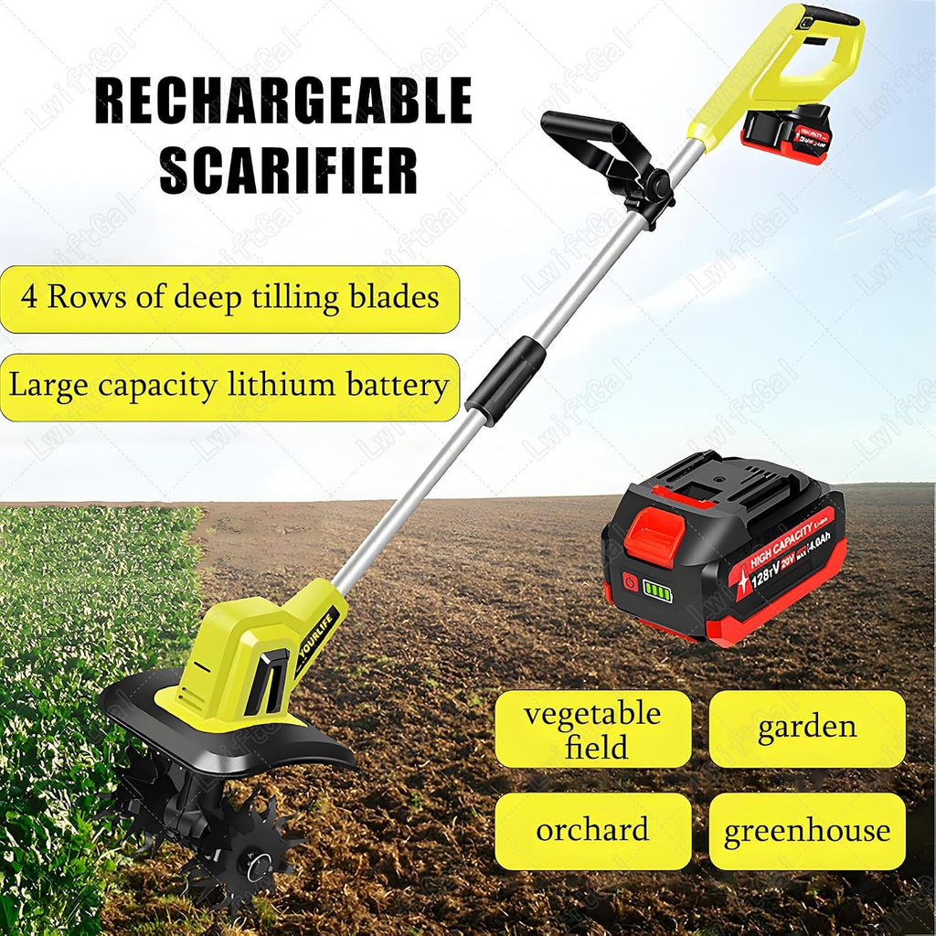 Electric Tiller, Cordless Electric Garden Rotavator - 25cm Working Width, 22cm Working Depth, 20V Soil Cultivator - Tiller with Safety Switch 2batteries