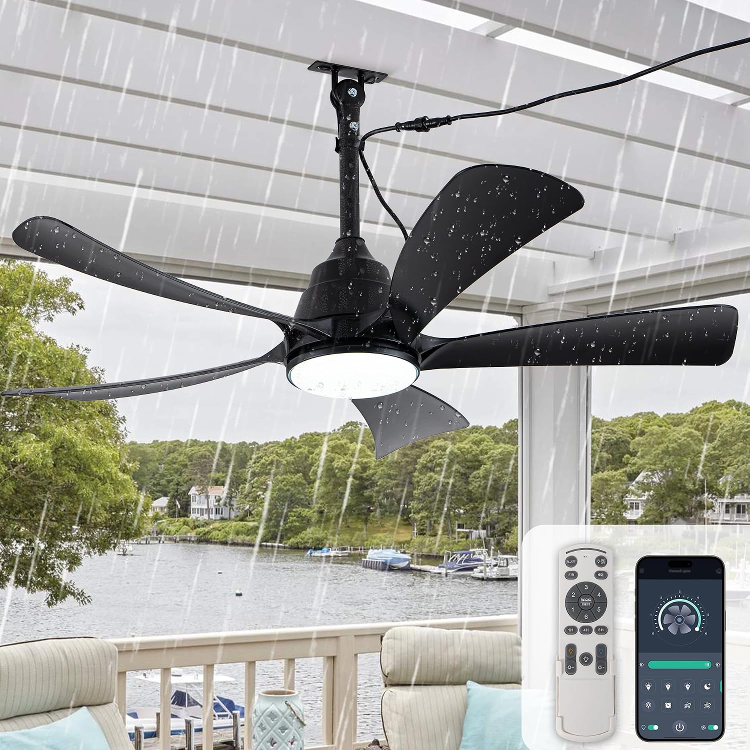 42' Outdoor Waterproof Ceiling Fan with 3 Color LED Light,App/Remote Control,Quiet DC Motor,Plug-in Cord Hook Installation,IP65 Gazebo Ceiling Fan with Light for Patios,Pergola,Canopy