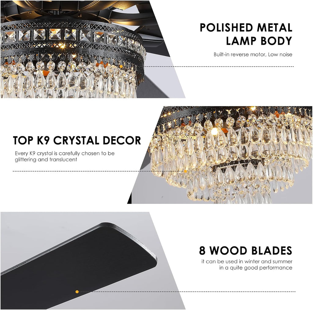 Asyko 72' Crystal Ceiling Fan Fandelier with Lights - Modern Crystal Chandelier Fans with Remote Control,Noiseless DC Motor, Retro/Farmhouse Lighting, Dining Room,Living Room