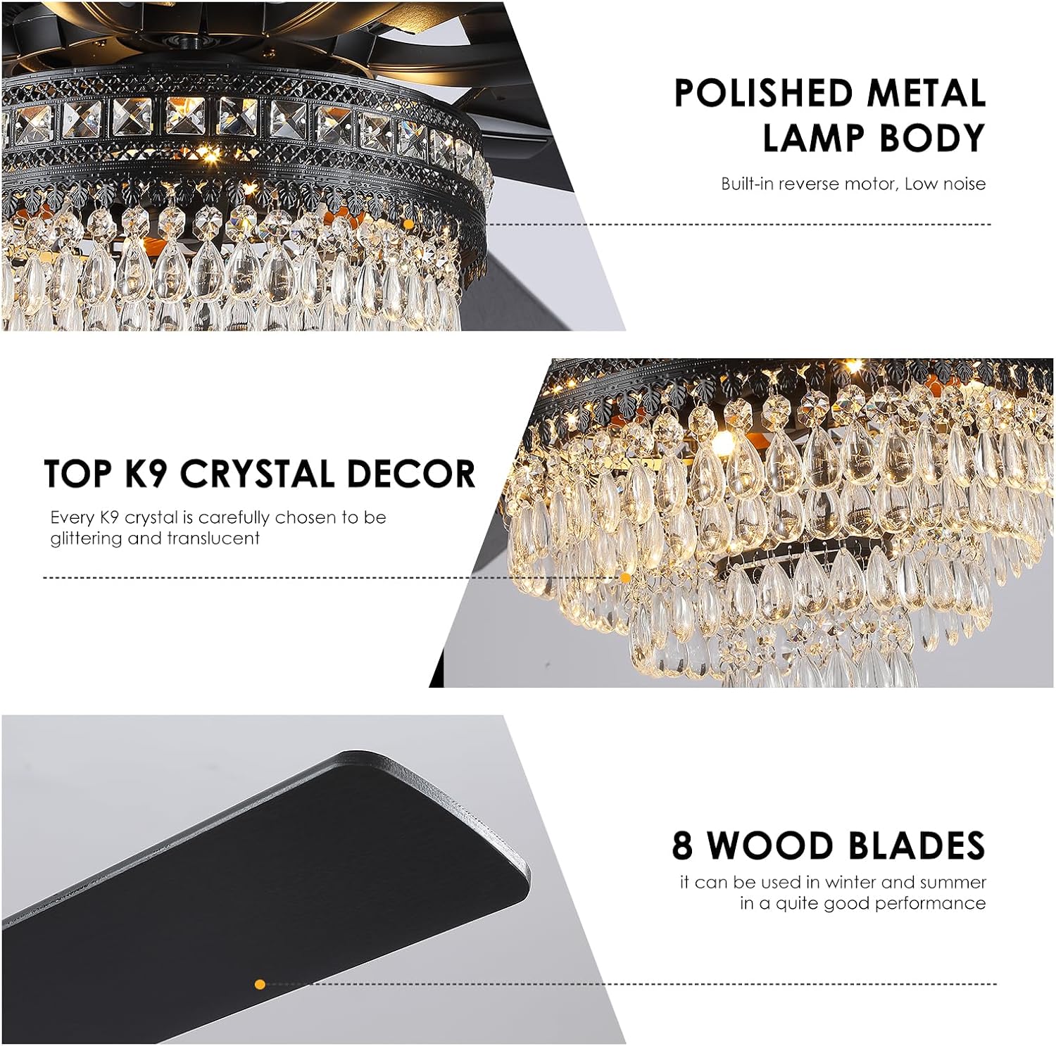 Asyko 72' Crystal Ceiling Fan Fandelier with Lights - Modern Crystal Chandelier Fans with Remote Control,Noiseless DC Motor, Retro/Farmhouse Lighting, Dining Room,Living Room