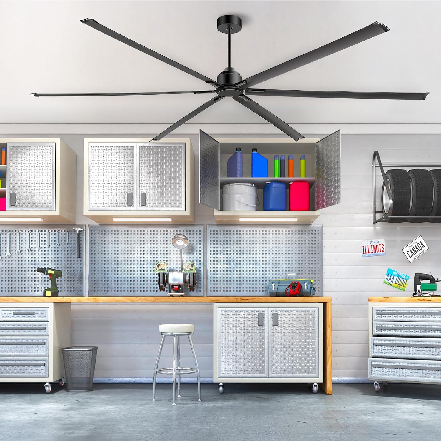 120 Inch Large Ceiling Fan - High Volume(HVLS) Industrial Ceiling Fans with DC Motor, 3 Downrods, 6-Speed Remote Control, 6 Blades, Outdoor/Indoor Ceiling Fans for Garage/Shop/Patios