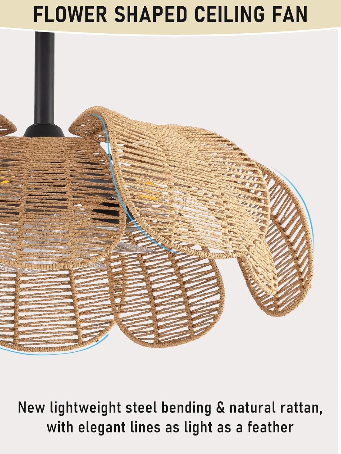 Boho Ceiling Fan with Light, Rattan Fandelier Ceiling Fan with Light and Remote Control, Flower Chandelier Fan for Bedroom, Living Room,Kitchen,Foyer(26 Inch, 6 Speed, Timing Adjustable Height)