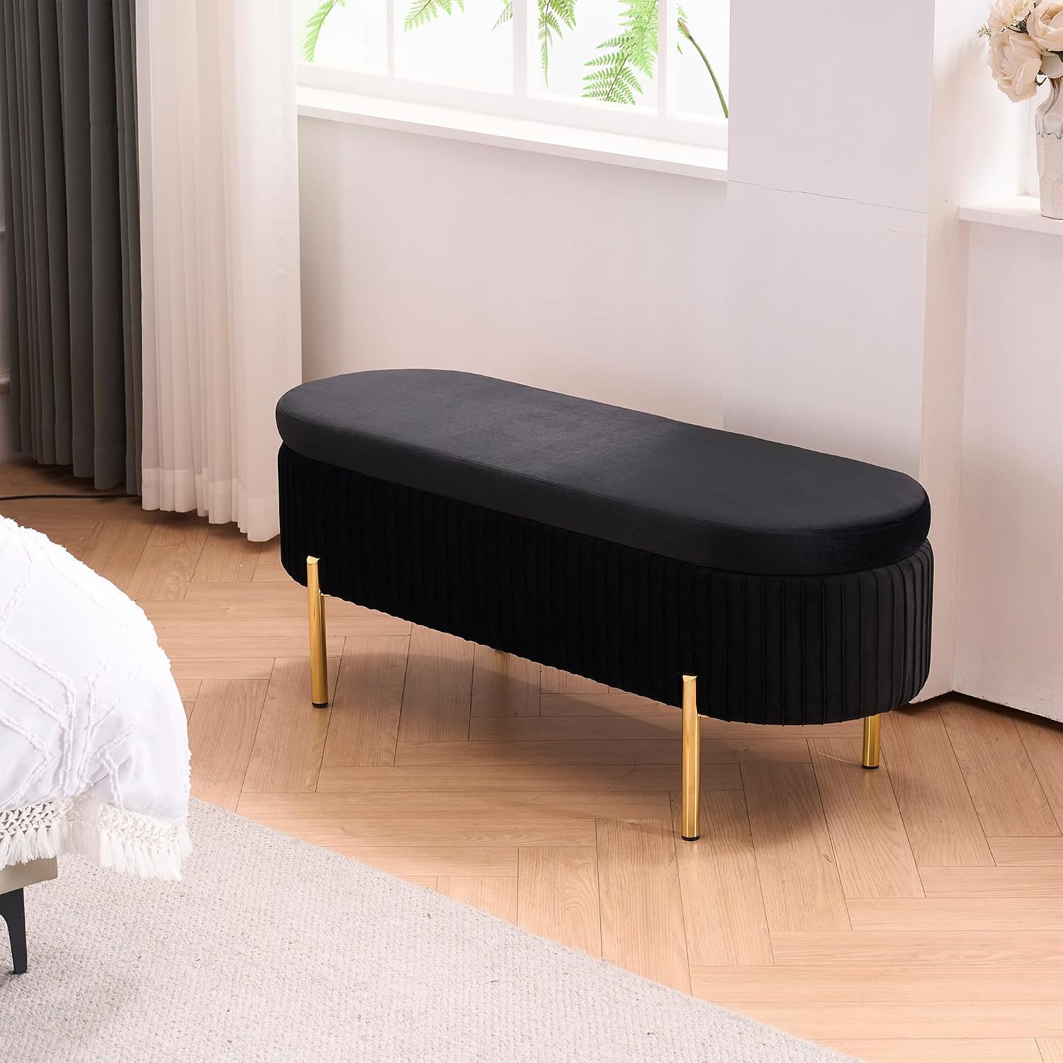 Velvet Storage Bench for Bedroom Upholstered End of Bed Bench Modern Ottoman with Gold Legs for Living Room/Window/Entryway (Black, Oval-45.5' W)