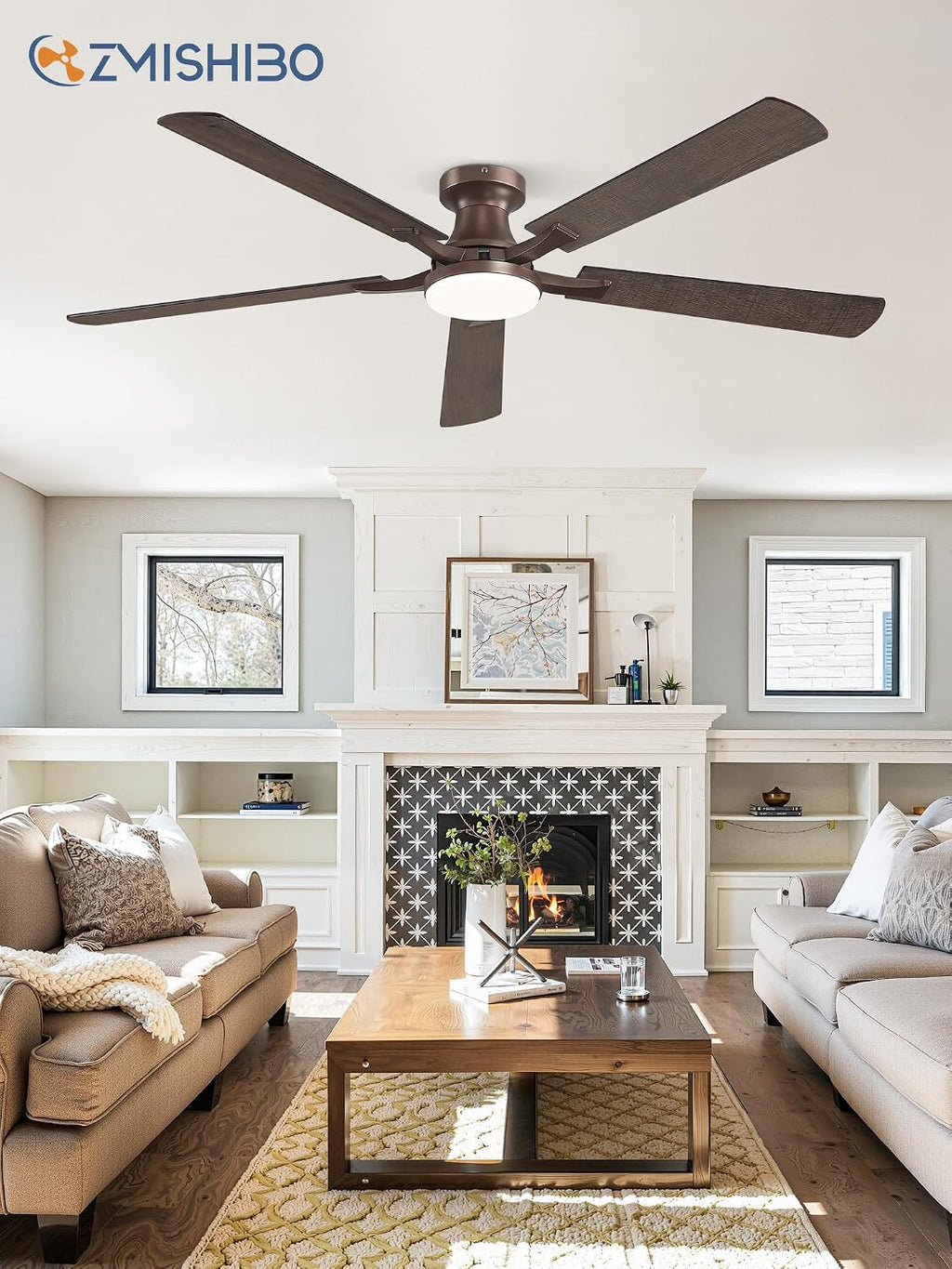 ZMISHIBO 60 Inch Ceiling Fan with Light, App&Remote Control, Flush Mount Low Profile, Dimmable 20W LED Light, Quiet Reversible Motor for Bedroom, Living Room, Apartment, Brown