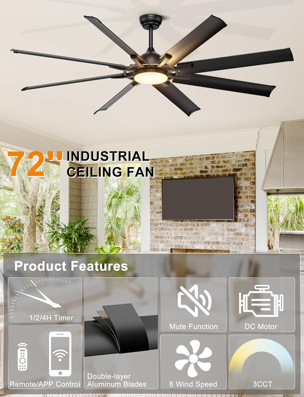 Ohniyou 72 Inch Industrial Ceiling Fan with Lights Remote Control, Black Large Ceiling Fan with 8 Aluminum Blades, 3 CCT, 6-Speed Quiet DC Motor for Living Room, Covered Outdoor, Shop, Garage
