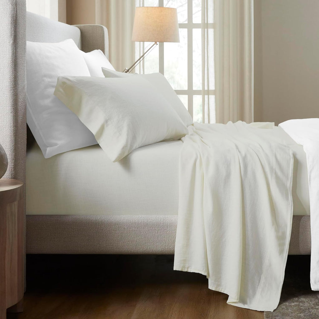 Superior Chloe 100% Cotton Percale Bed Sheet Set, 1 Flat Sheet, 1 Elastic Deep Pocket Fitted Sheet, 2 Pillowcases, Vintage Wash, Boho Chic Decor, Modern Bedroom Essentials, California King, Ivory