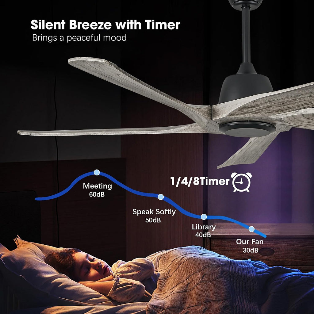60 Inch Solid Wood Ceiling Fan No Lights, Remote and APP Control, DC Motor, 6-speed Reversible, for Bedroom, Living Room, Office, Outdoor Ceiling Fans, Greywood
