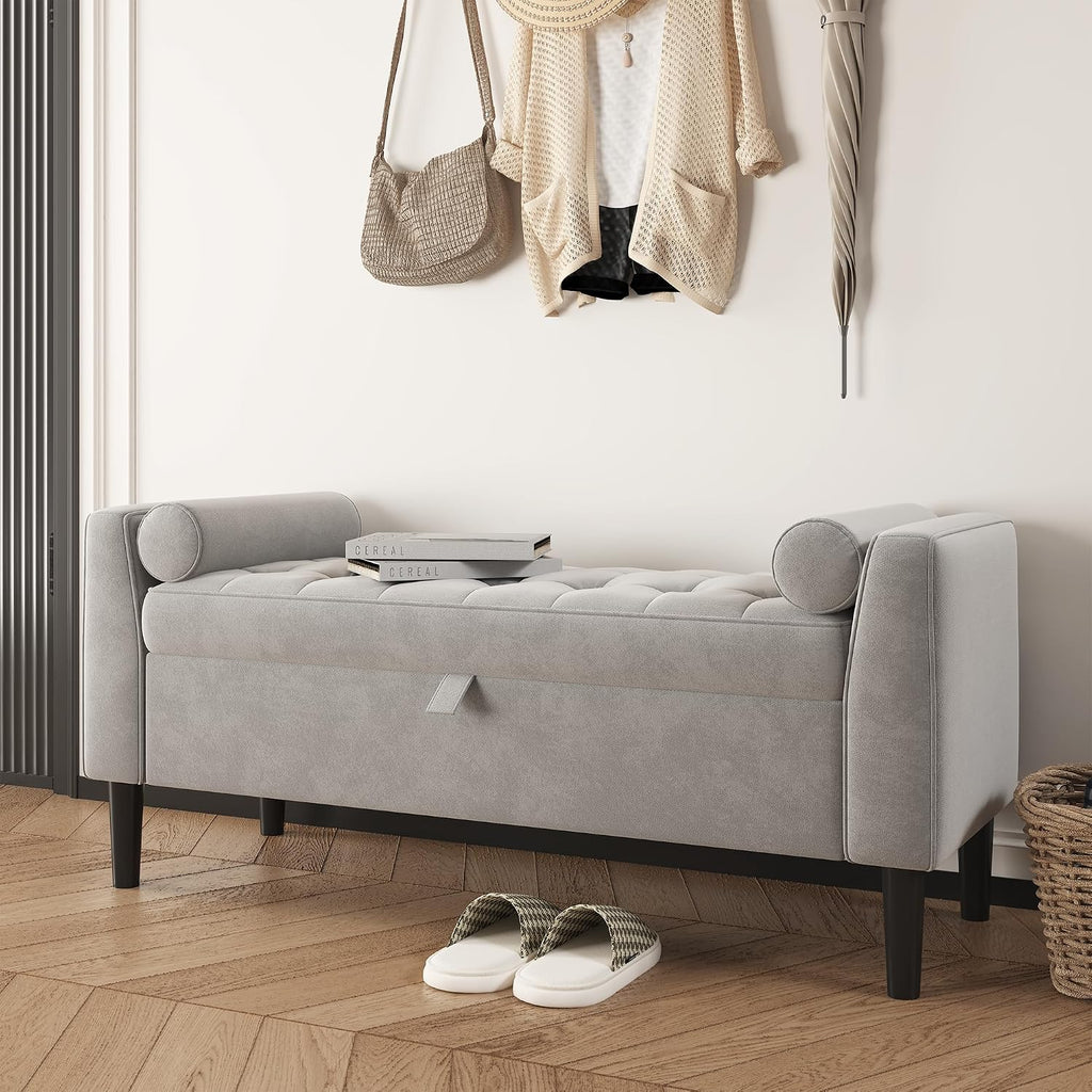 46.5 in Storage Ottoman Bench – Upholstered End-of-Bed Storage Chest with Rolled Armrests & Wood Legs, Entryway Shoe Bench and Footrest Seat for Hallway, Bedroom & Living Room& Walk-in Closet (Gray)