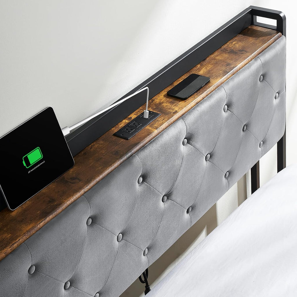 Queen Size Platform Bed Frame with Storage - 4 Drawers & Charging Station, Velvet Upholstered Headboard with Shelf, Sturdy Metal Frame, No Box Spring Needed, Luxury Bedroom Furniture for Modern Homes