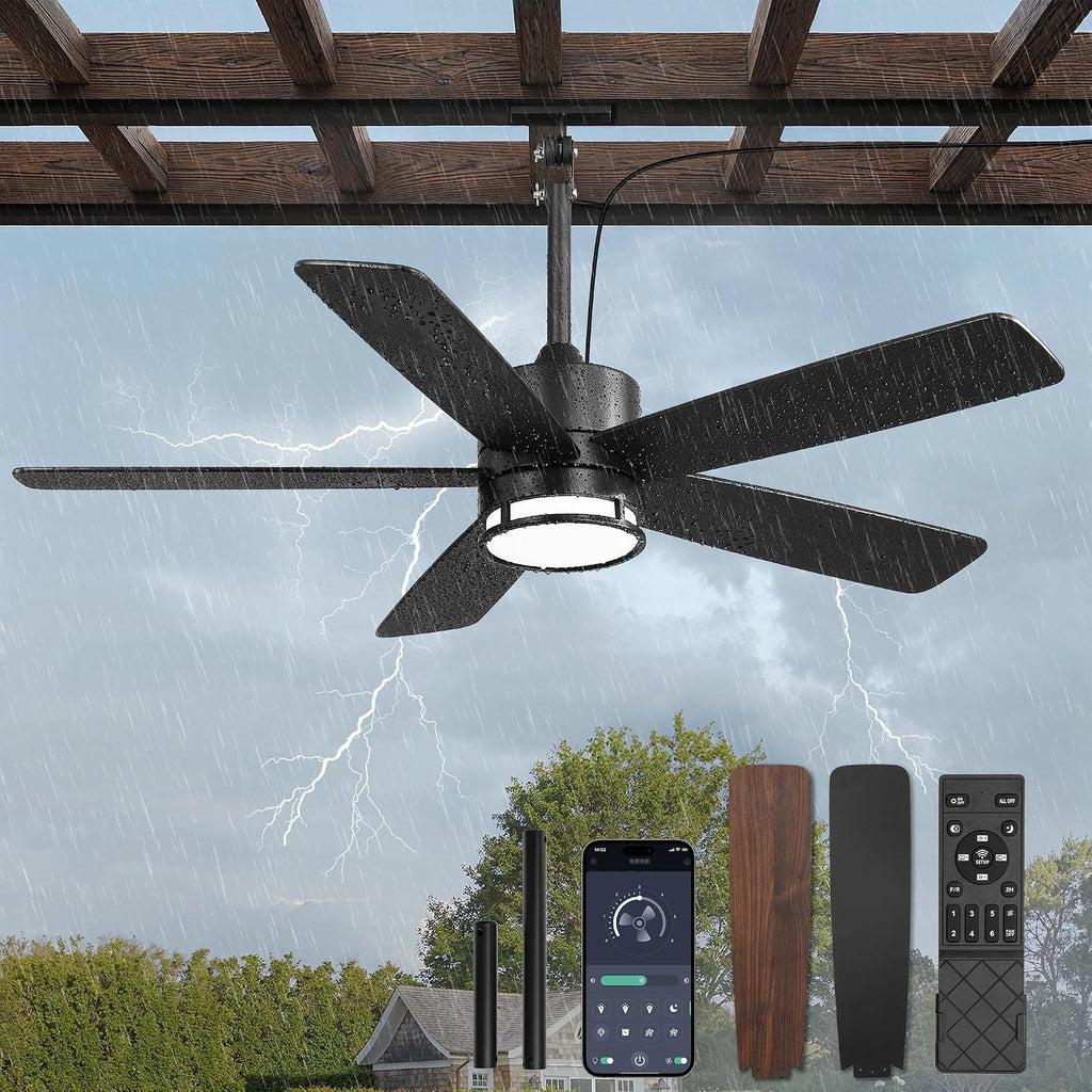 46 Inch Outdoor Ceiling Fan with Lights, IP65 Waterproof, Smart APP Remote Control, Dimmable 3CCT LED, 6-Speed Quiet DC Motor, Plug in Hanging Fan with Cord for Patio Porch Gazebo (Black)