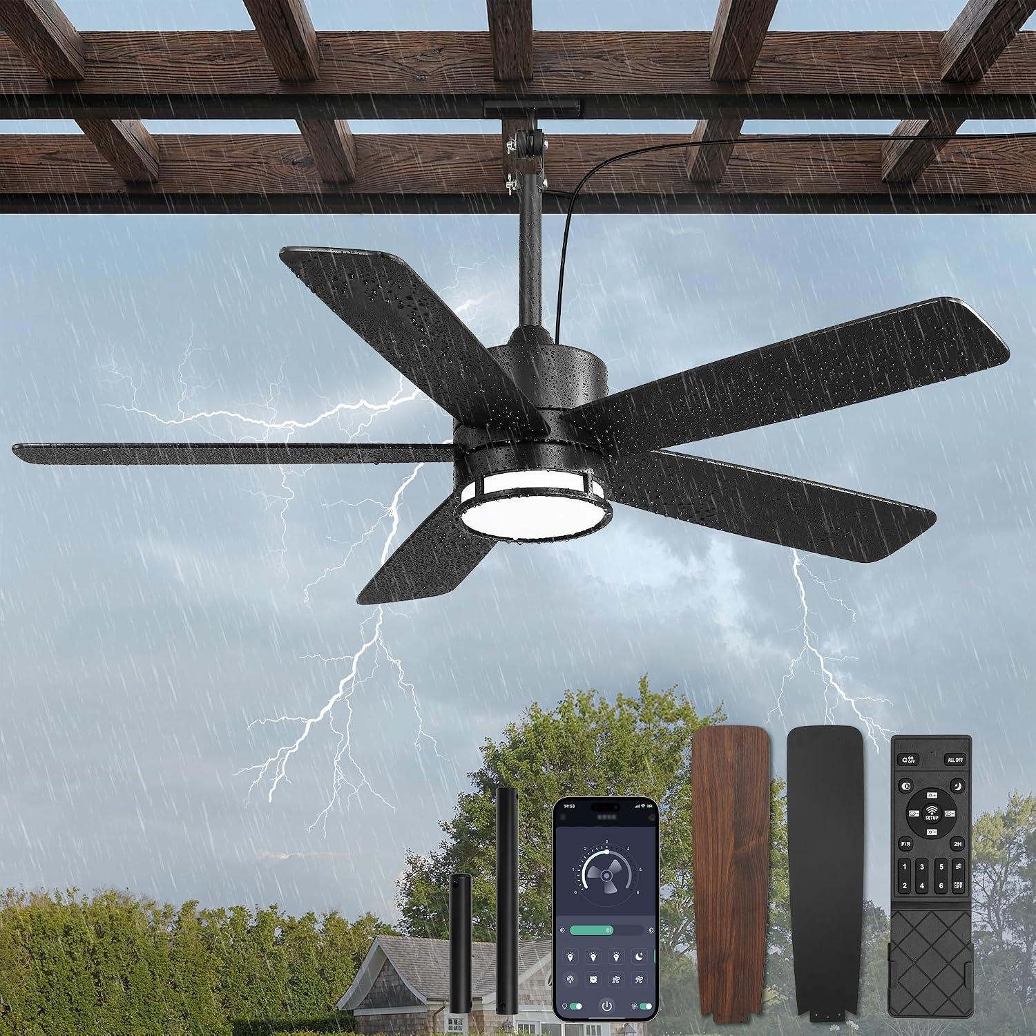 46 Inch Outdoor Ceiling Fan with Lights, IP65 Waterproof, Smart APP Remote Control, Dimmable 3CCT LED, 6-Speed Quiet DC Motor, Plug in Hanging Fan with Cord for Patio Porch Gazebo (Black)