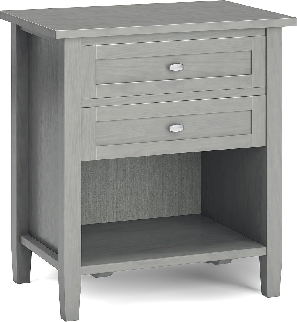SIMPLIHOME Warm Shaker Bedside Table - 24 inch Wide Solid Wood Nightstand in Fog Grey, Transitional Bedroom Side or End Table with 2 Drawers, Open Shelf Storage and Brushed Nickel Hardware