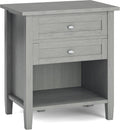 SIMPLIHOME Warm Shaker Bedside Table - 24 inch Wide Solid Wood Nightstand in Fog Grey, Transitional Bedroom Side or End Table with 2 Drawers, Open Shelf Storage and Brushed Nickel Hardware