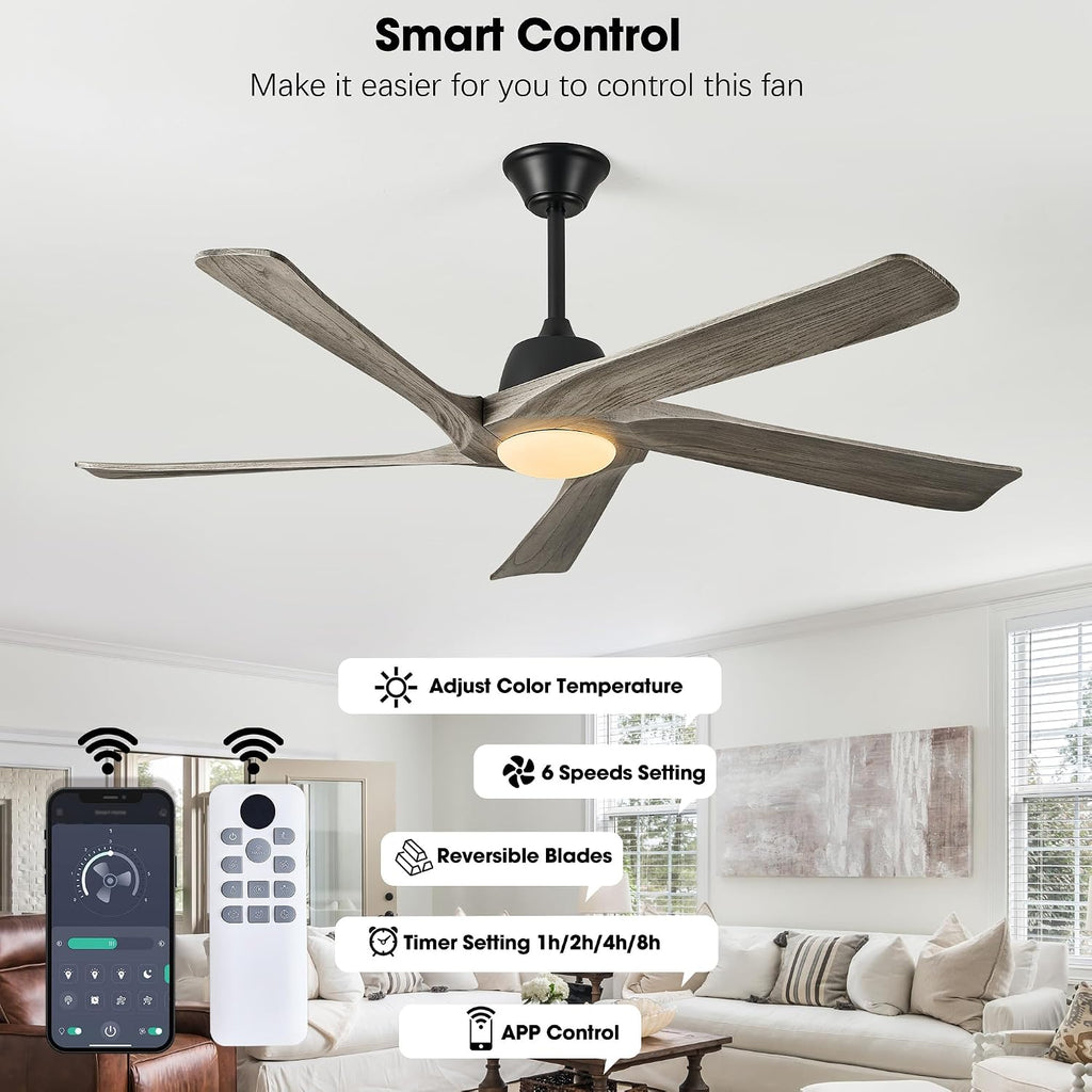 60' Solid Wood Ceiling Fan with Lights, Remote and APP Control, 3-color Dimmable LED, 6-speed Reversible, Modern Ceiling Fans for Bedroom, Living Room, Outdoor/Indoor, Greywood