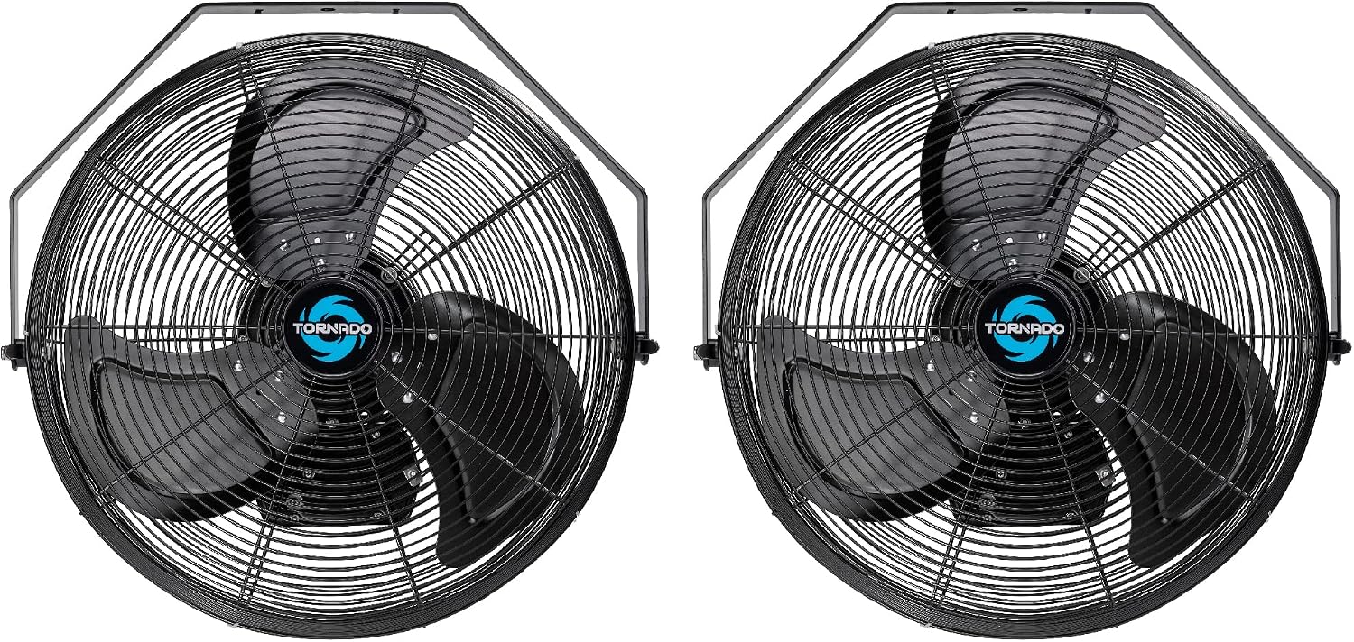 Tornado 2 Pack 18 Inch Outdoor Rated IPX4 Water-Resistant High Velocity Industrial Wall Mount Fan For Commercial, Industrial, Greenhouse Use 3 Speed 4150 CFM 1/6 HP 6.6 FT Cord UL Safety Listed