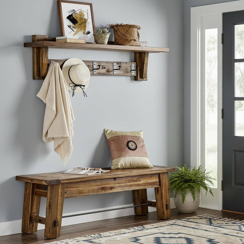 Durango 60-Inch Industrial Wood Coat Hook Shelf and Bench Set, Rustic Farmhouse Entryway Furniture with Metal Accents, 450 lbs Bench Capacity, Includes Cleat System for Easy Hanging