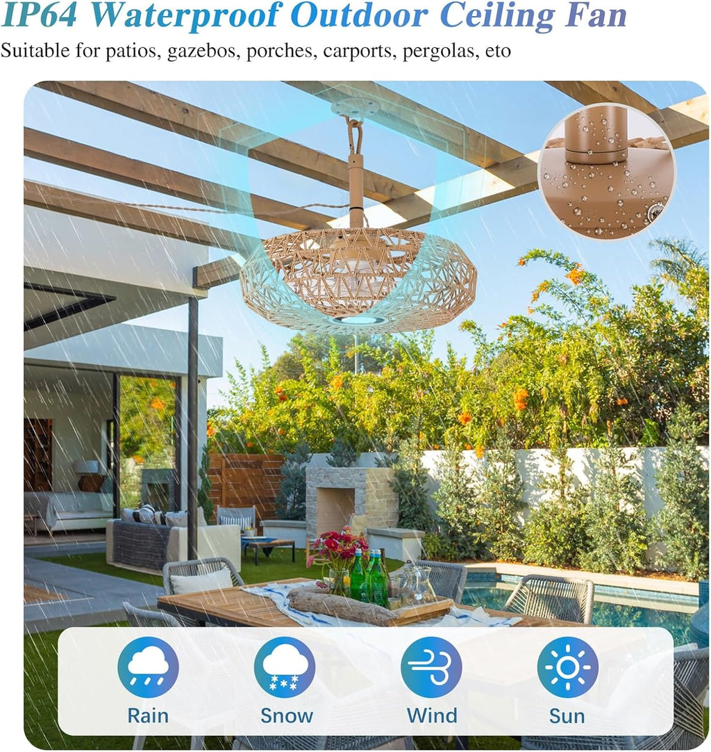 She's home 20'' Outdoor Gazebo Fan with Lights and Remote, Outside/Indoor Hanging Rattan Ceiling Fan, 3CCT Dimmable, 6-Speed DC Motor, Plug-in Wicker Woven Caged Ceiling Fans for Patio Pergola Porch