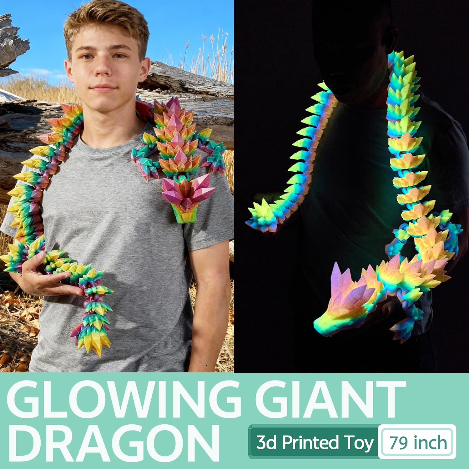 79'' Large 3D Printed Dragon Glow in The Dark,Crystal Dragon Fidget Toy,Cool Big Dragon Toy,Huge 3D Printed Dragon Gift for Girls Boys Kids Age 3-5 4-7 8-12 Years Old, Desk Decor, Collectible Gift