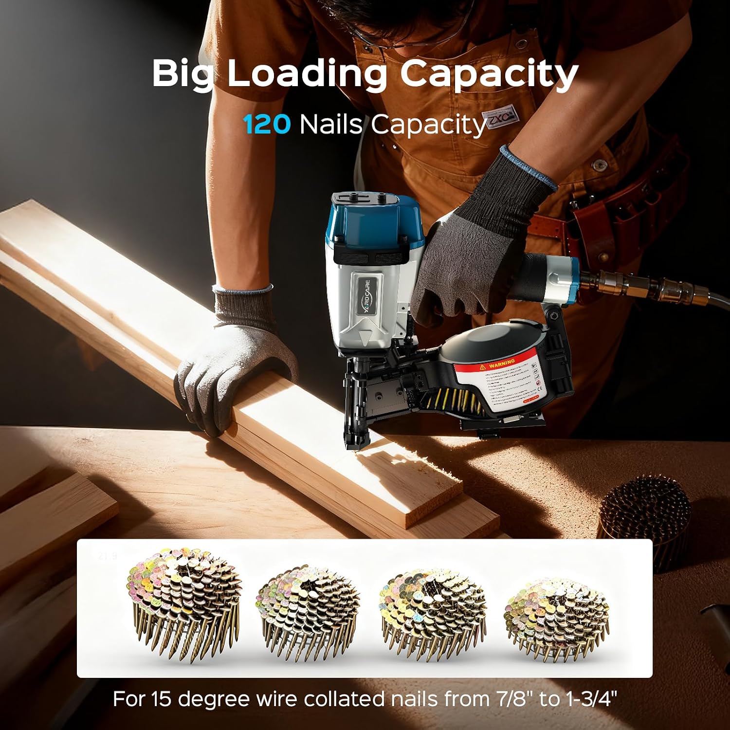 YARDCARE CRN45 Roofing Nailer, 15 Degree Pneumatic Coil Roofing Nail Gun for 7/8″ to 1-3/4″ Nails, 120 Coil Capacity, 70-120 PSI Pistolas Para Roofing for Asphalt Roofing Shingles Wooden Cases
