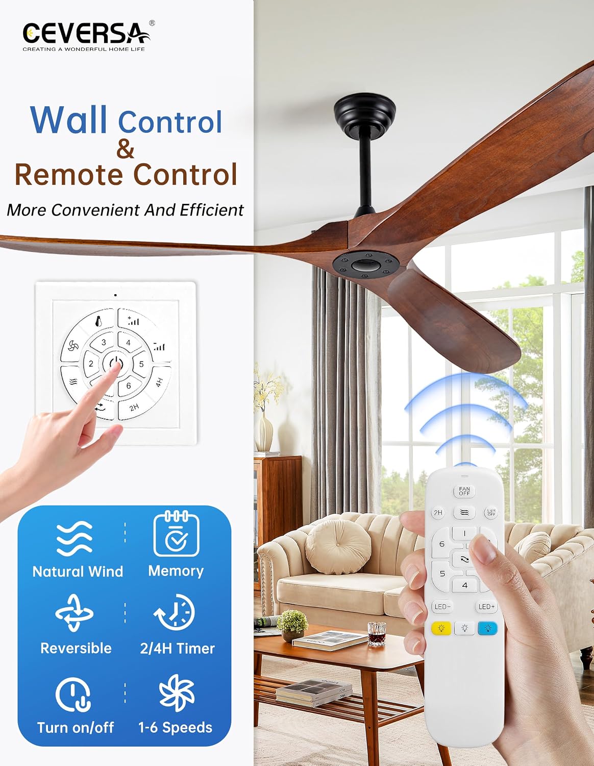 60 Inch Outdoor Ceiling Fan no Light,Solid Wood Ceiling Fan Without Lights with Remote/Wall Control,Large 3 Blades Walnut Propeller for Patio,Porch,Living Room,Bedroom,Farmhouse