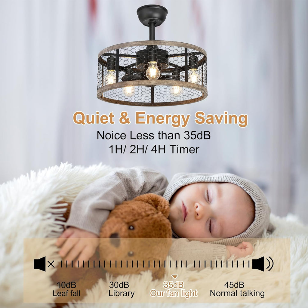 Ohniyou 20'' Caged Rustic Farmhouse Ceiling Fan with Lights Remote Control, Reversible Motor, 6 Speeds Ceiling Fan Light Fixture for Dining Room Bedroom