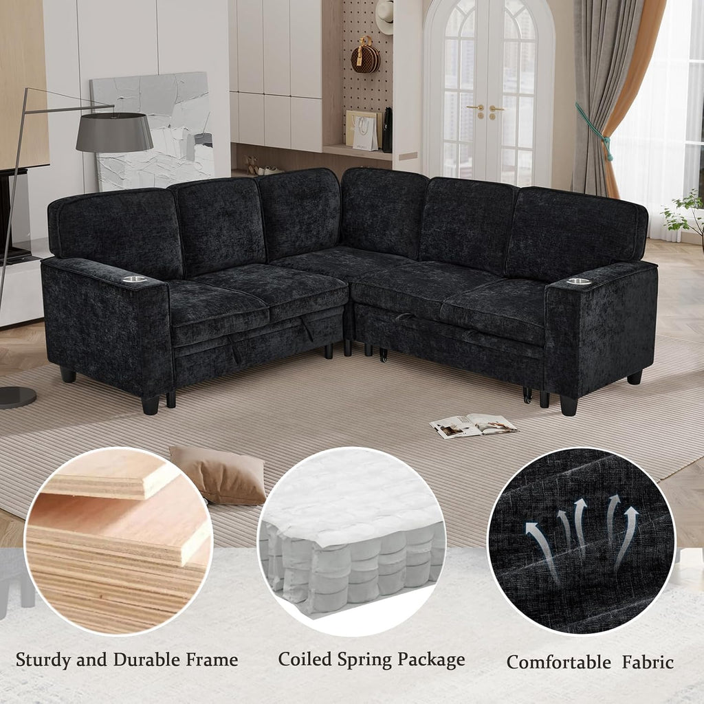 KEIKI 81' L-Shaped Oversized Chenille Modular Sectional Sleeper Sofa with Pull-Out Bed, Storage Seat, Modern 5-Seater Upholstered Couch Bed with Charging Station, Easy Assembly, for Living Room, Black