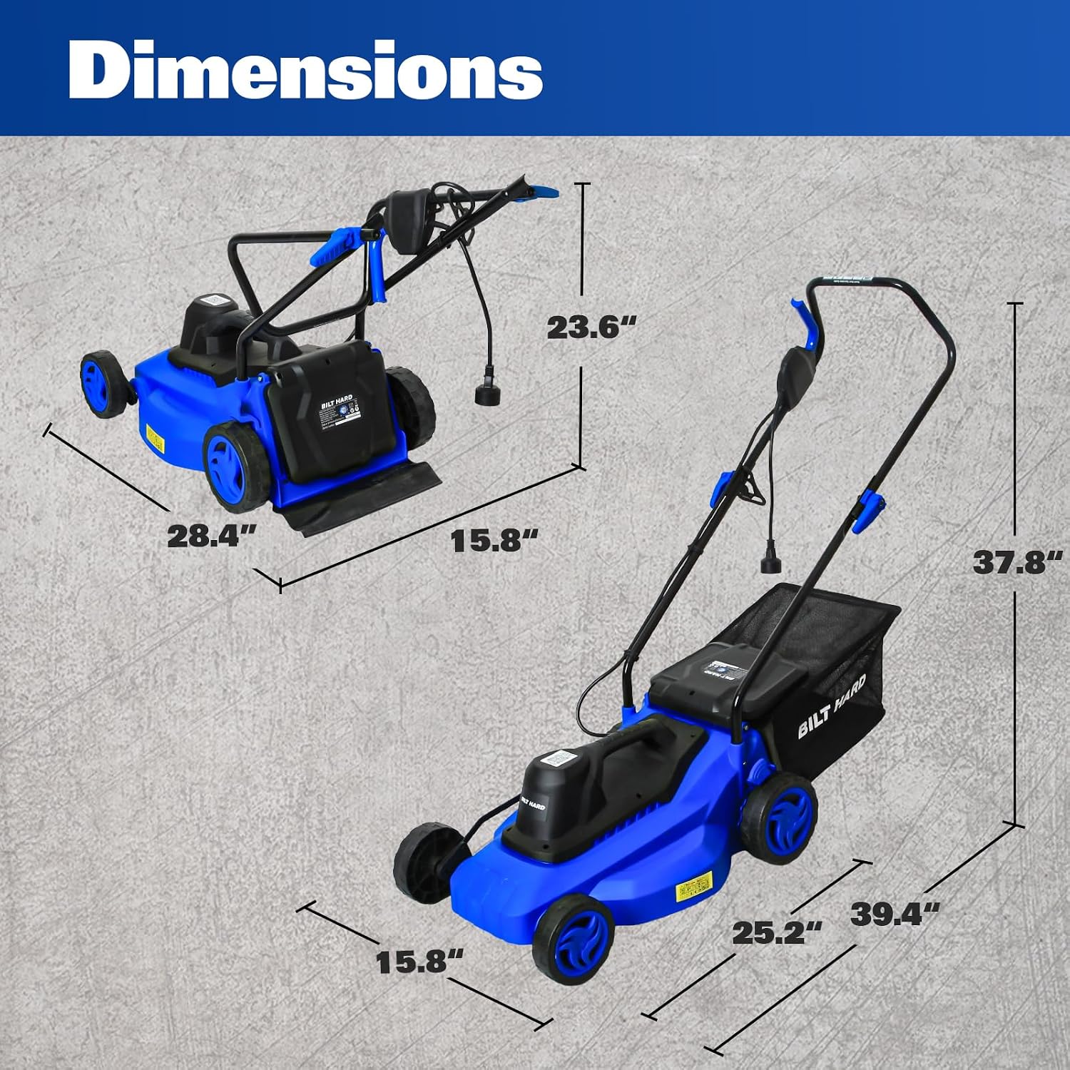 BILT HARD 15' Corded Electric Lawn Mower, 11A Motor 3300RPM Push Mower with 35L Grass Bag, 5 Height Adjustments (1'-3'), Lightweight & Foldable Handle for Small Yards