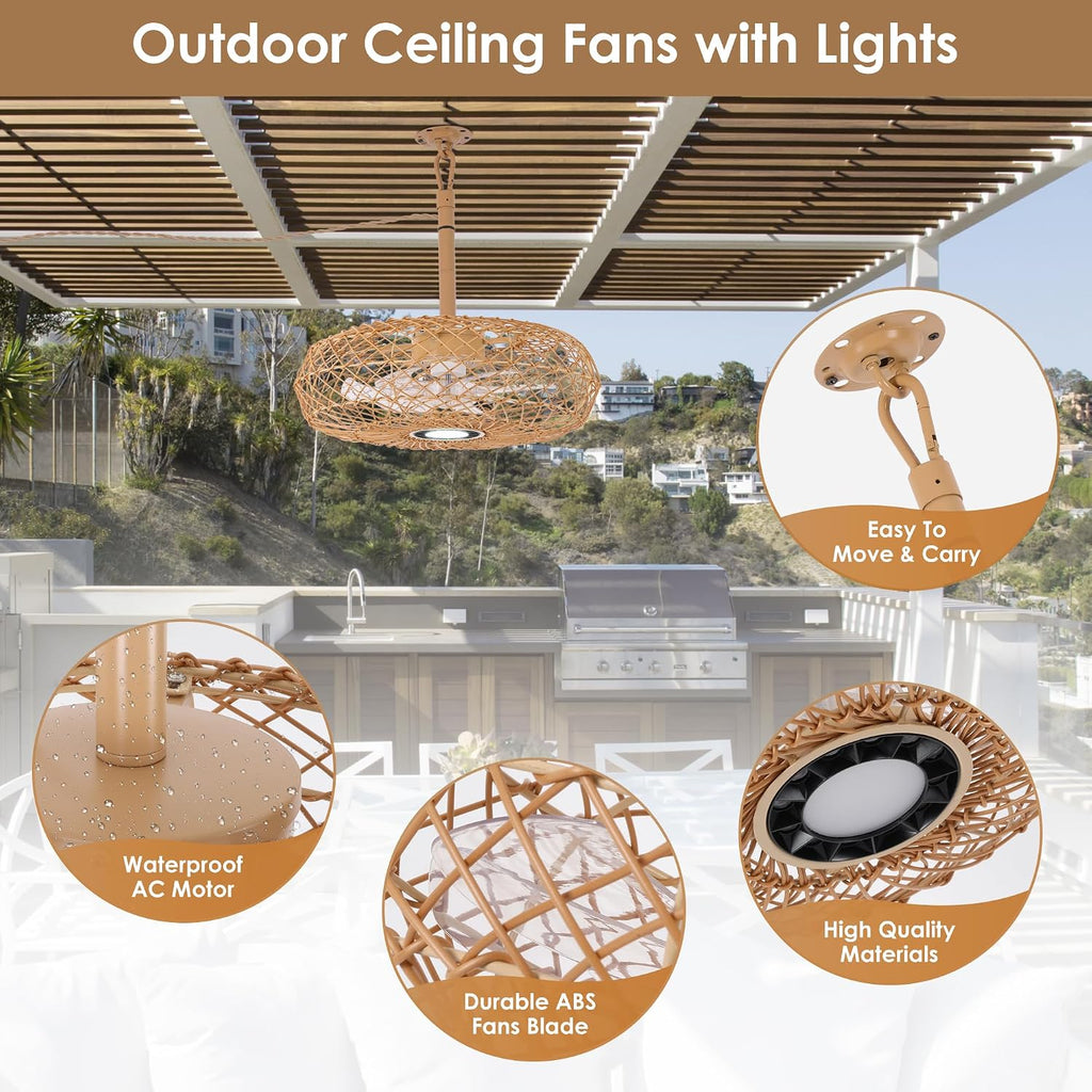 PAZALA 20' Outdoor Gazebo Fan with Light, Plug in Hanging Ceiling Fan for Covered Patio Pergola Porch, Remote & APP Control, 3CCT Dimmable LED, 6-Speed Reversible DC Motor, Brown Woven Caged Boho Fan
