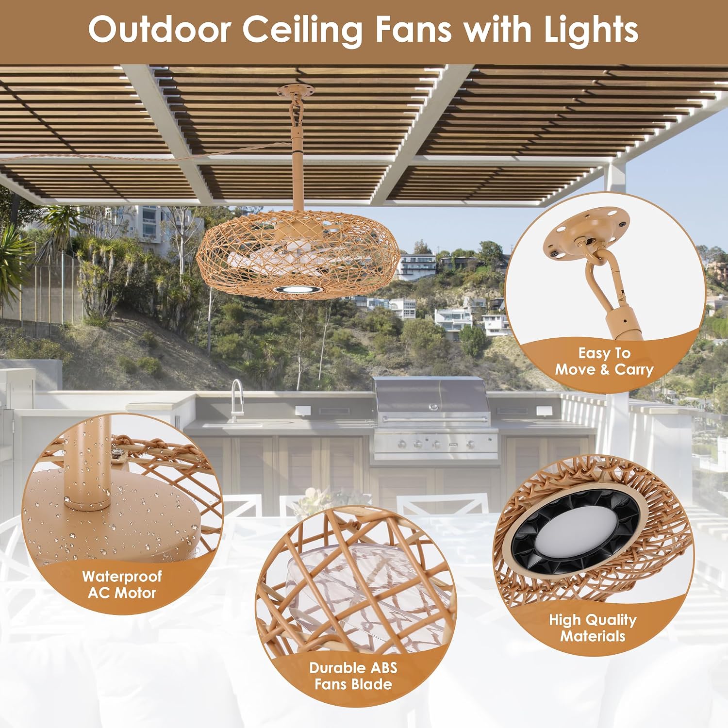 PAZALA 20' Outdoor Gazebo Fan with Light, Plug in Hanging Ceiling Fan for Covered Patio Pergola Porch, Remote & APP Control, 3CCT Dimmable LED, 6-Speed Reversible DC Motor, Brown Woven Caged Boho Fan