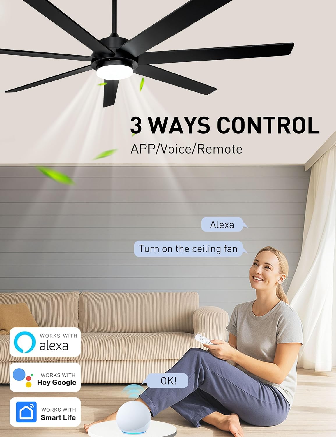 65 Inch Black Ceiling Fans with Lights and Remote,Smart Ceiling fan with Alexa App Control,6 Speed,Dimmable,Quiet DC Motor Large Outdoor Indoor Fan for Patio or Bedroom,Living Room
